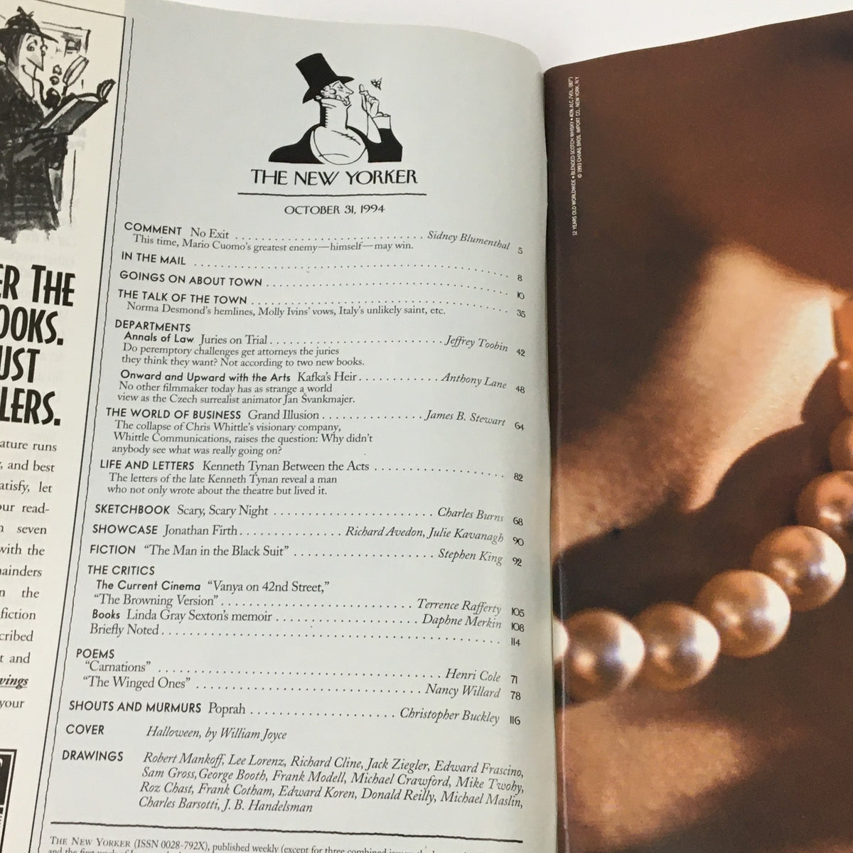 Interior page of The New Yorker October 31 1994 showing the table of contents alongside a classic illustration, highlighting articles and departments within the magazine.