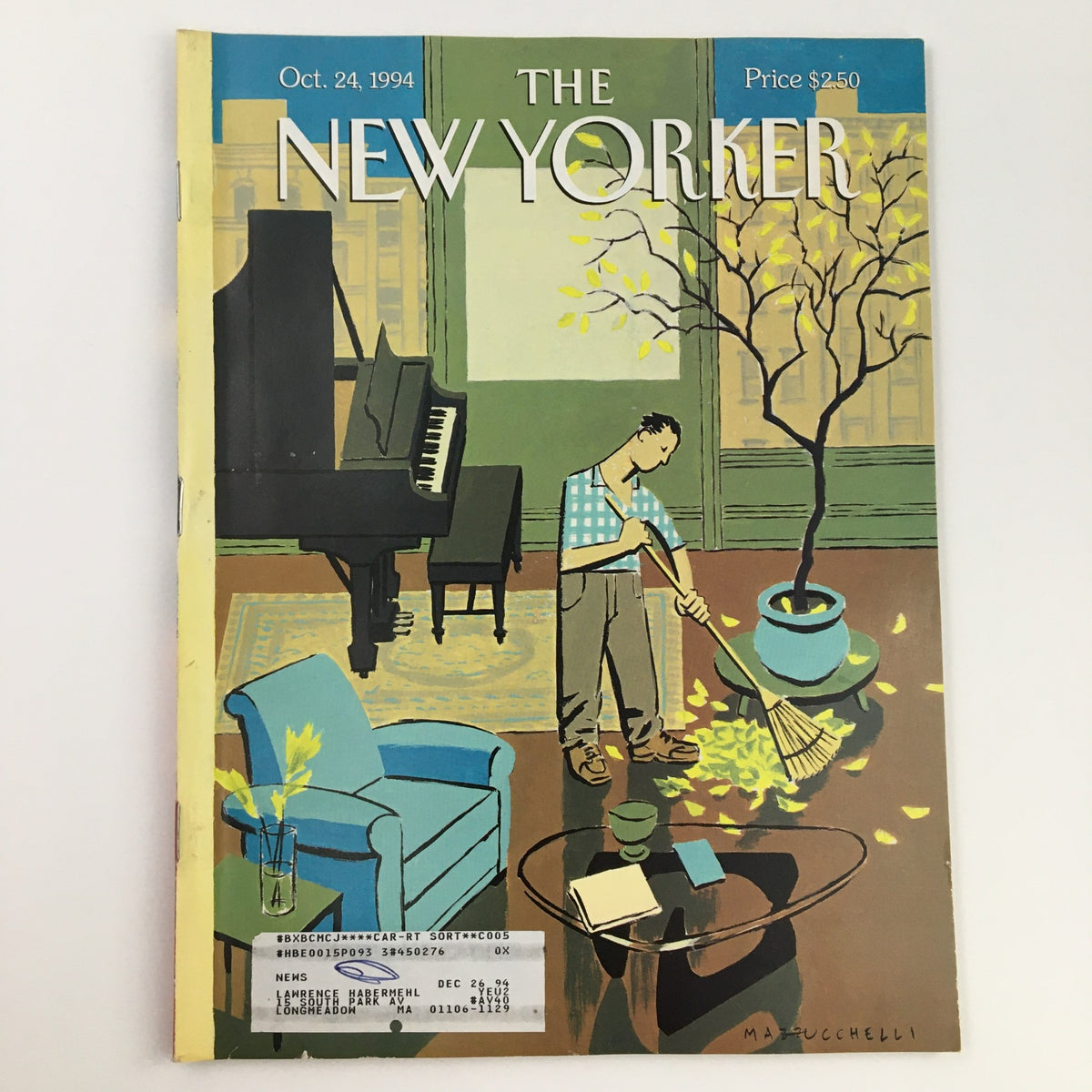 The New Yorker October 24 1994 Full Magazine Cover by David Mazzuchelli featuring a man sweeping leaves in a cozy living room with a piano.