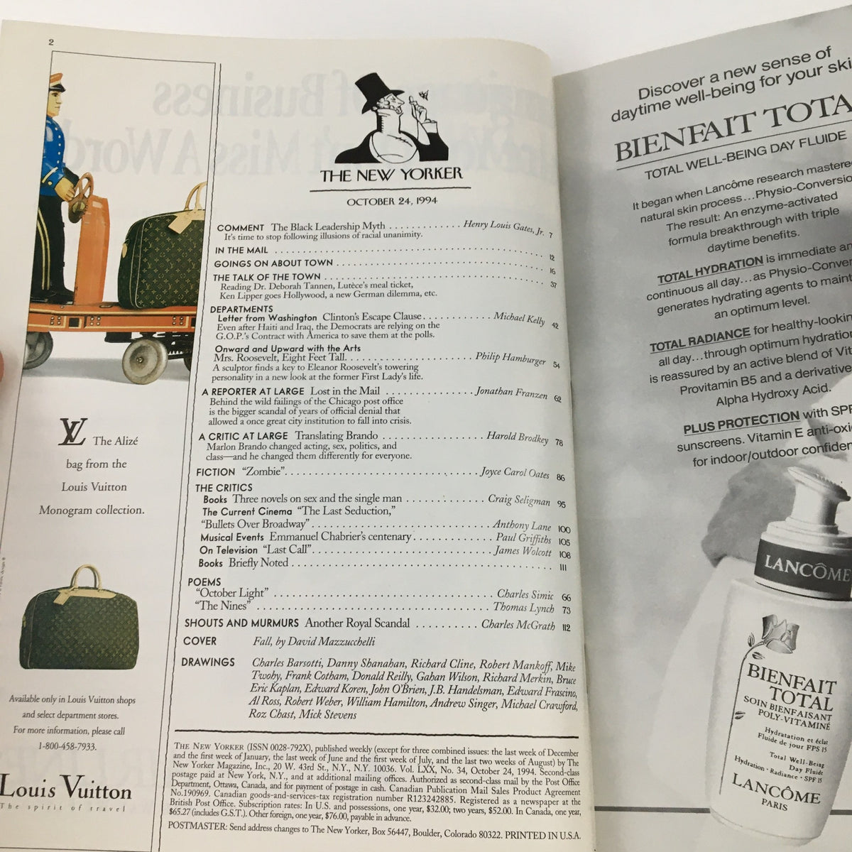 Interior page of The New Yorker October 24 1994 showcasing the table of contents and advertisements, including a Louis Vuitton bag.