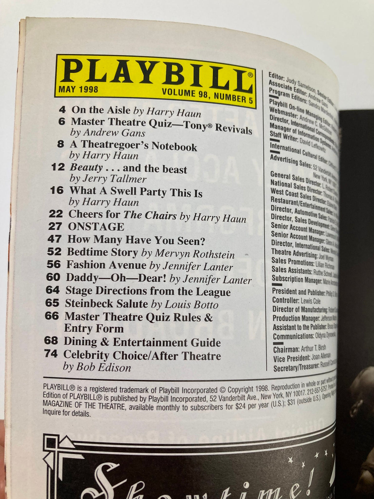 Interior page of the 1998 Playbill for Forbidden Broadway Strikes Back, featuring production details and a listing of performances.