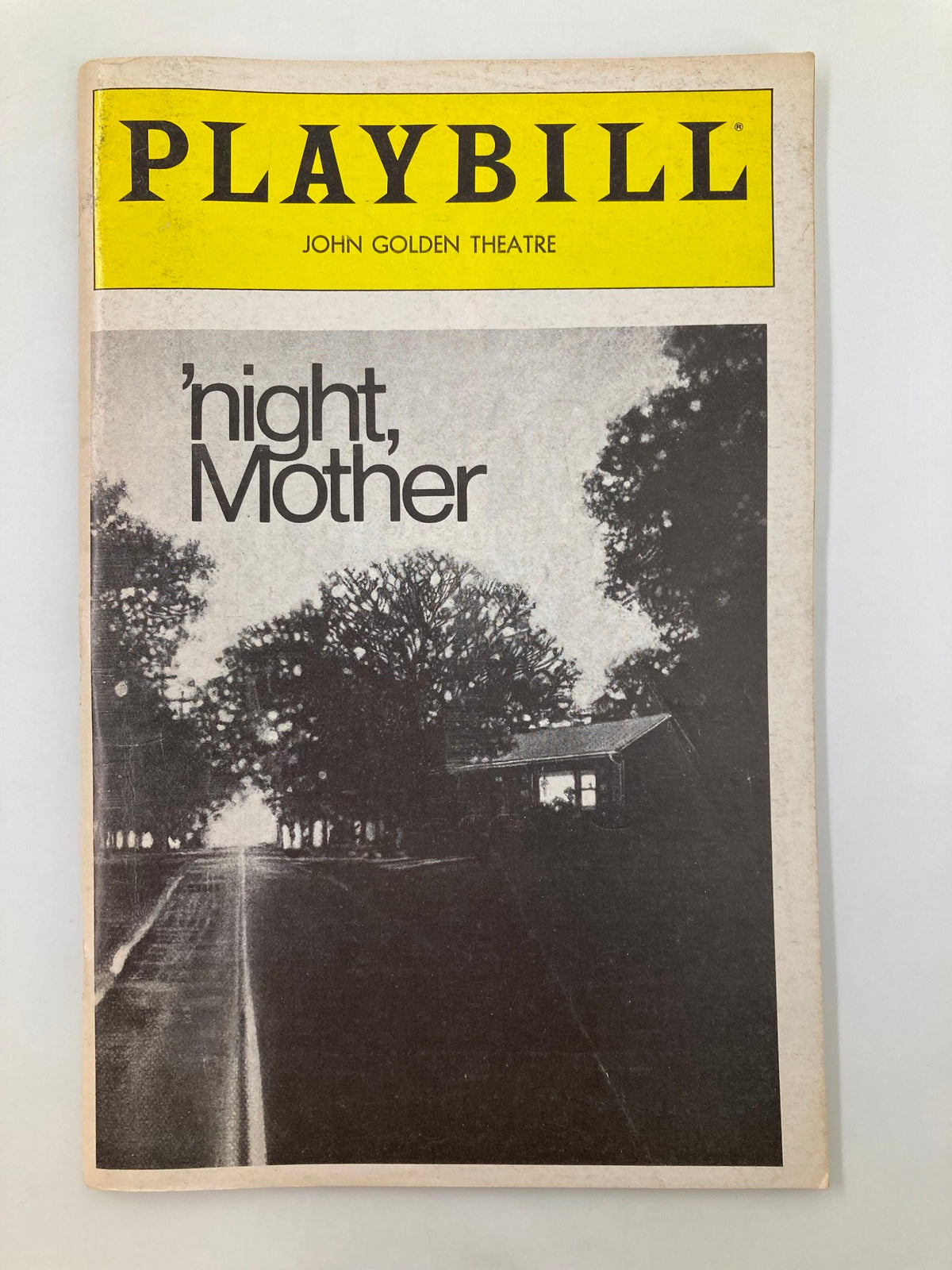 1983 Playbill for 'Night Mother' at John Golden Theatre featuring a black and white cover image that captures a rural scene with trees and a house, showcasing the acclaimed performances of Kathy Bates and Anne Pitoniak.
