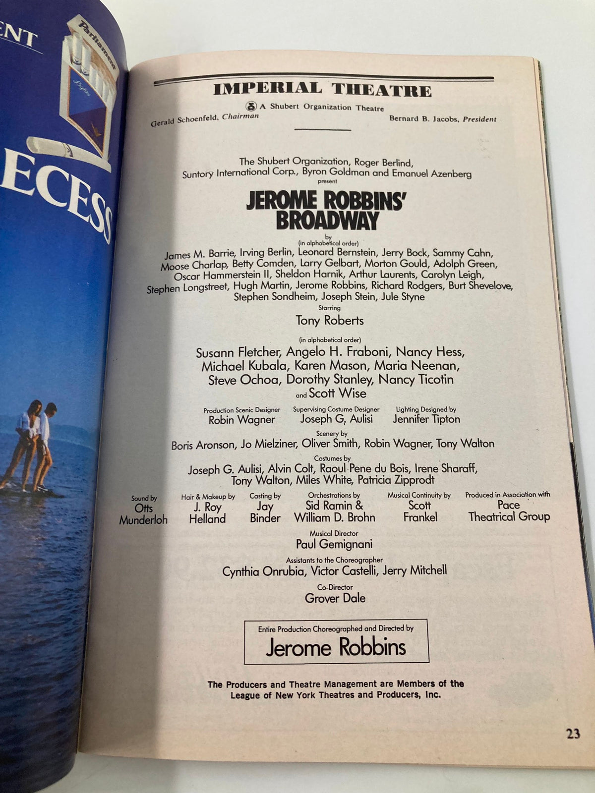 Cast list page from the 1990 Playbill for Jerome Robbins' Broadway, showcasing the talented performers including Tony Roberts.
