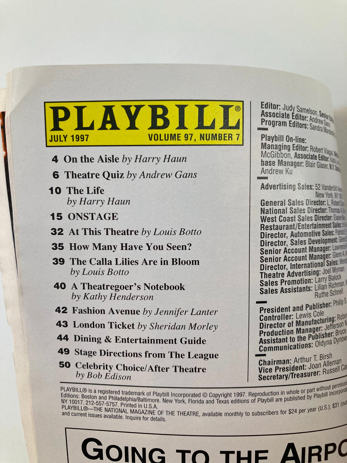 Inside page of the 1997 Playbill for Always Patsy Cline, including a table of contents and various theater articles.