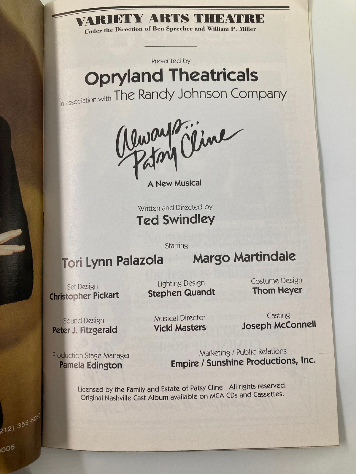 Inside page of the 1997 Playbill for 'Always Patsy Cline' at the Variety Arts Theatre, featuring cast, crew, and production details with signatures and credits.