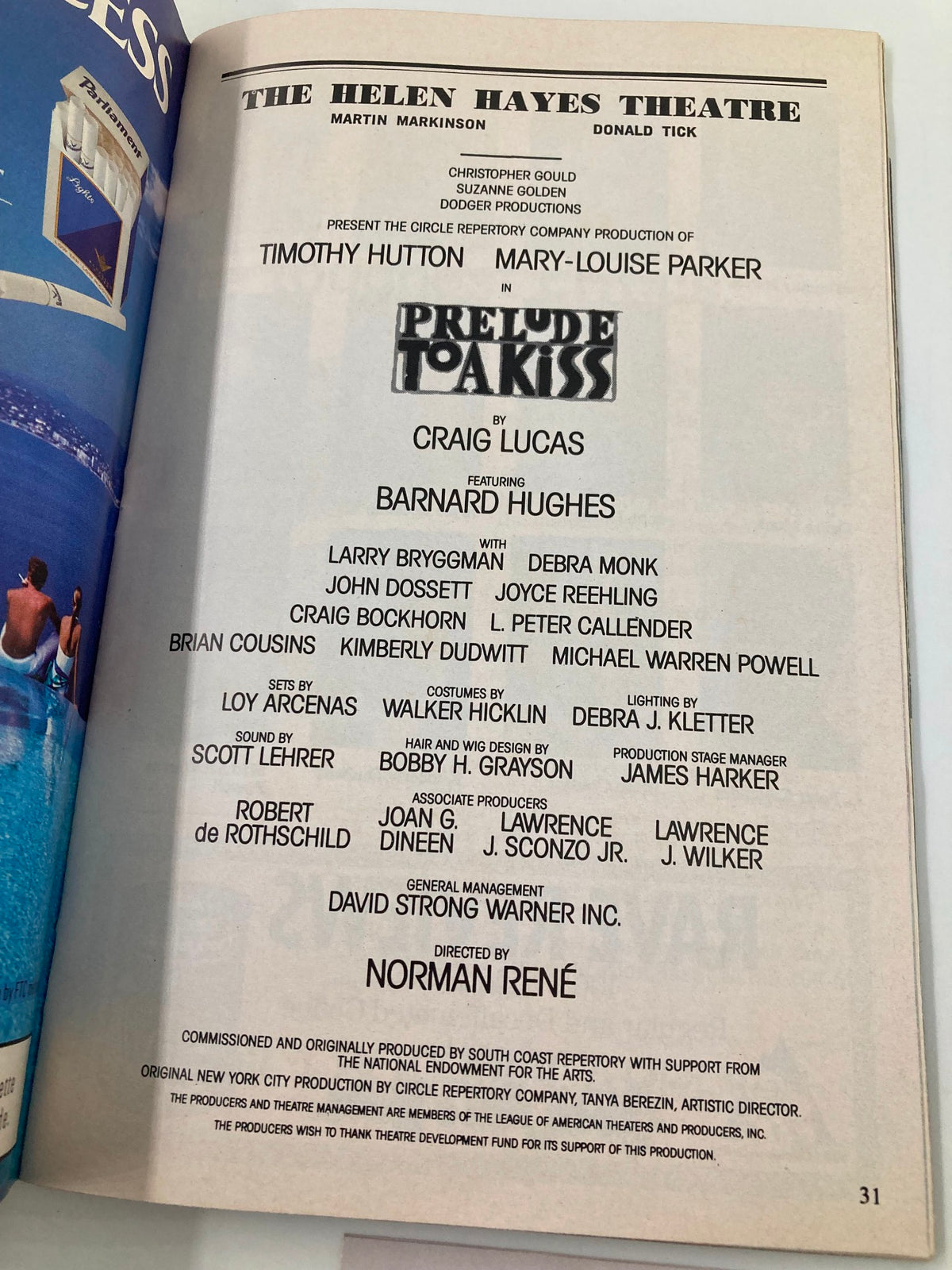 Interior page featuring the cast list of the 1990 Playbill for Prelude To A Kiss, highlighting Barnard Hughes and production details from The Helen Hayes Theatre.