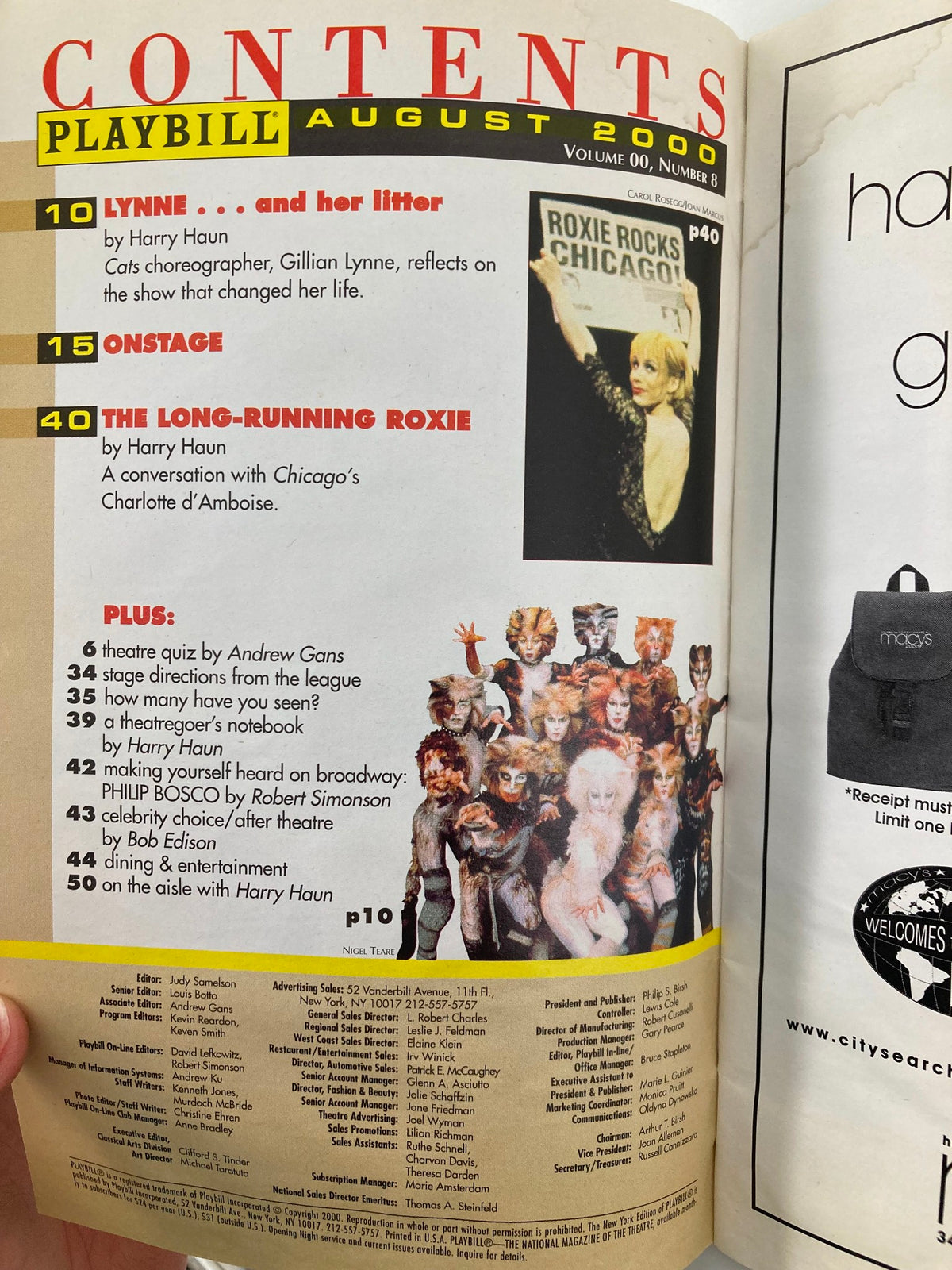 Contents page of a 2000 Playbill showcasing articles including 'Lynne...and her litter', suggesting theater themes and highlights.