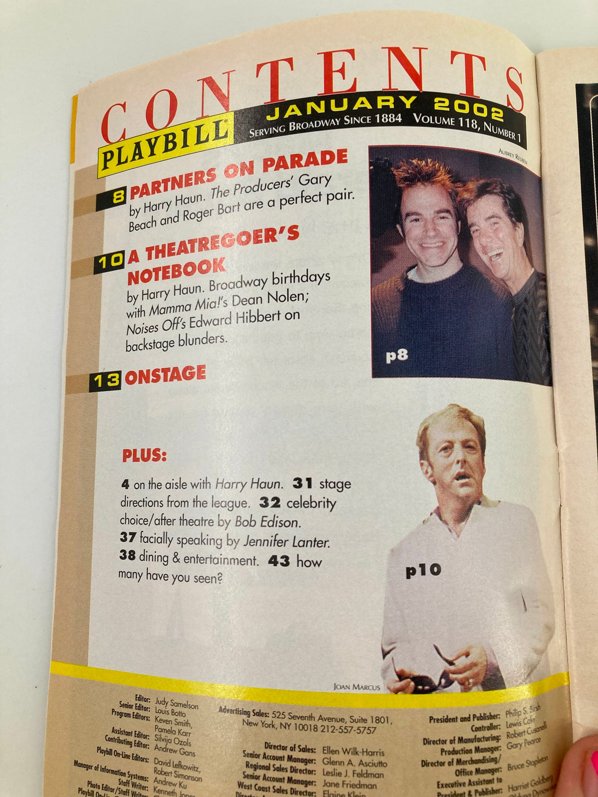 Contents page of the January 2002 Playbill featuring articles about Partners on Parade and a Theatregoer's Notebook, part of the memorable theatrical experience from the performance of Noises Off at the Brooks Atkinson Theatre.
