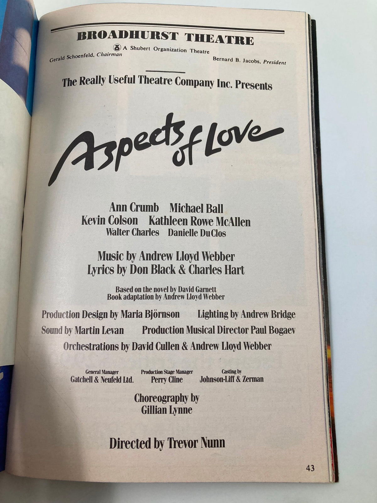 1990 Playbill from the Broadhurst Theatre for the musical Aspects of Love, featuring cast members Ann Crumb and Michael Ball, showcasing credits for direction, music, lighting, and choreography.
