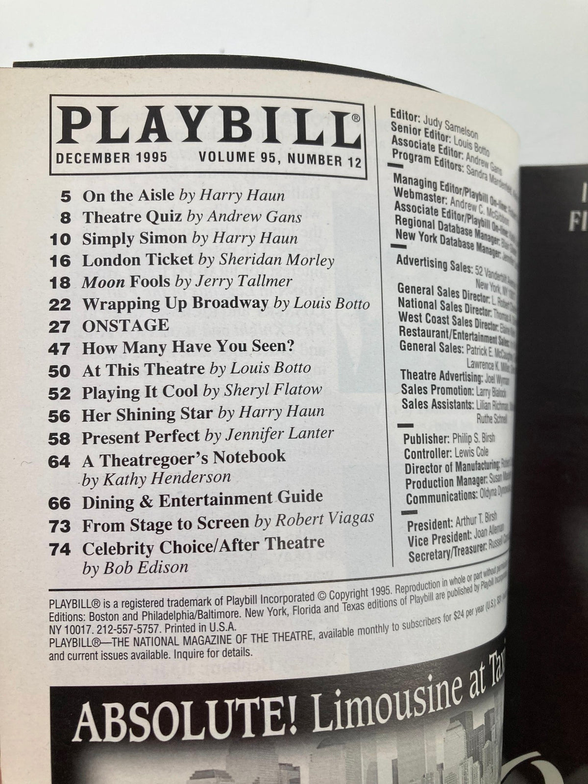 Inside page of the 1995 Playbill from Martin Beck Theatre, listing the contents and sections for 'Moon Over Buffalo'.