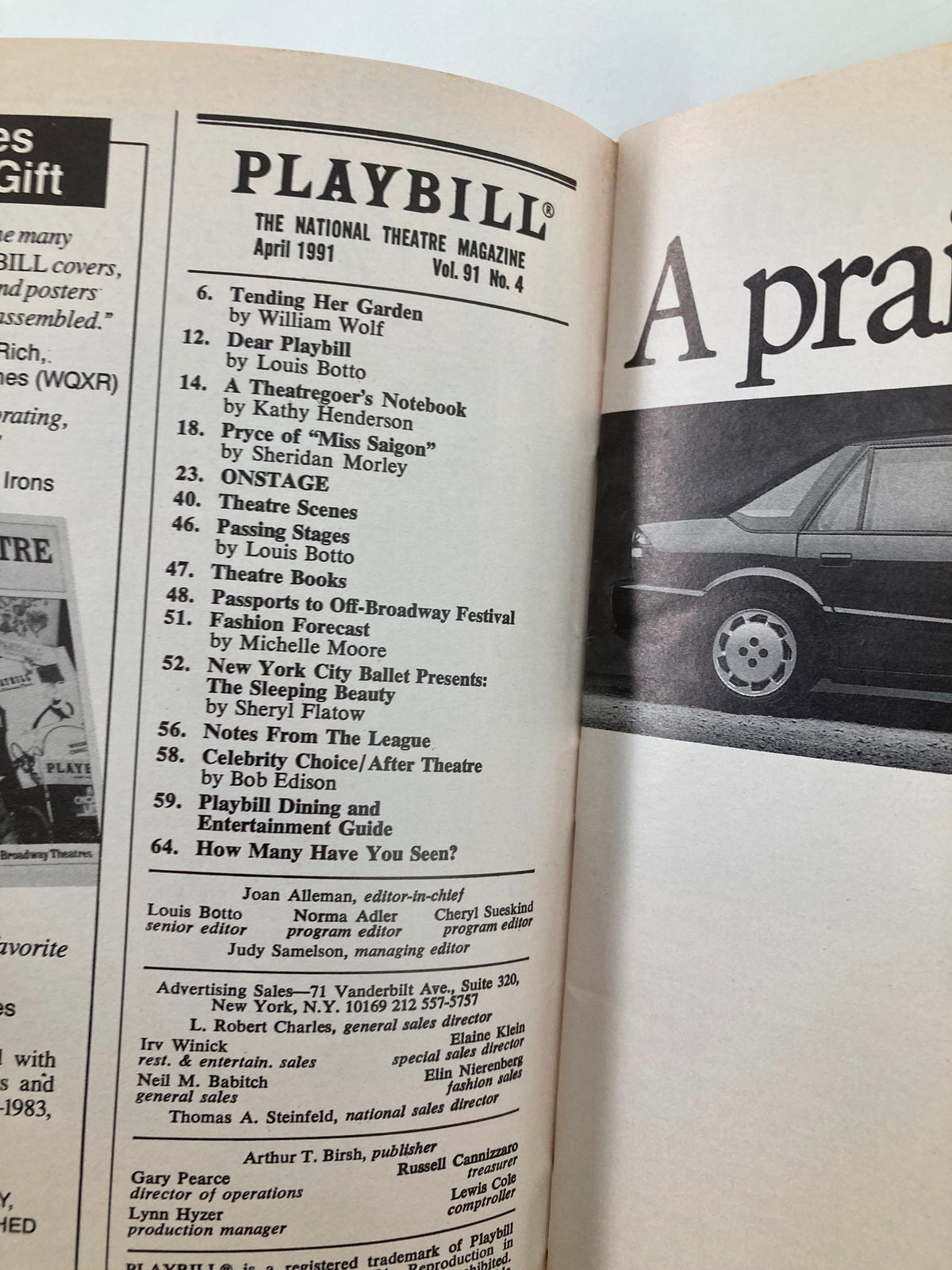 Inside page of the 1991 Playbill for The Will Rogers Follies, showcasing theater listings and advertisements.