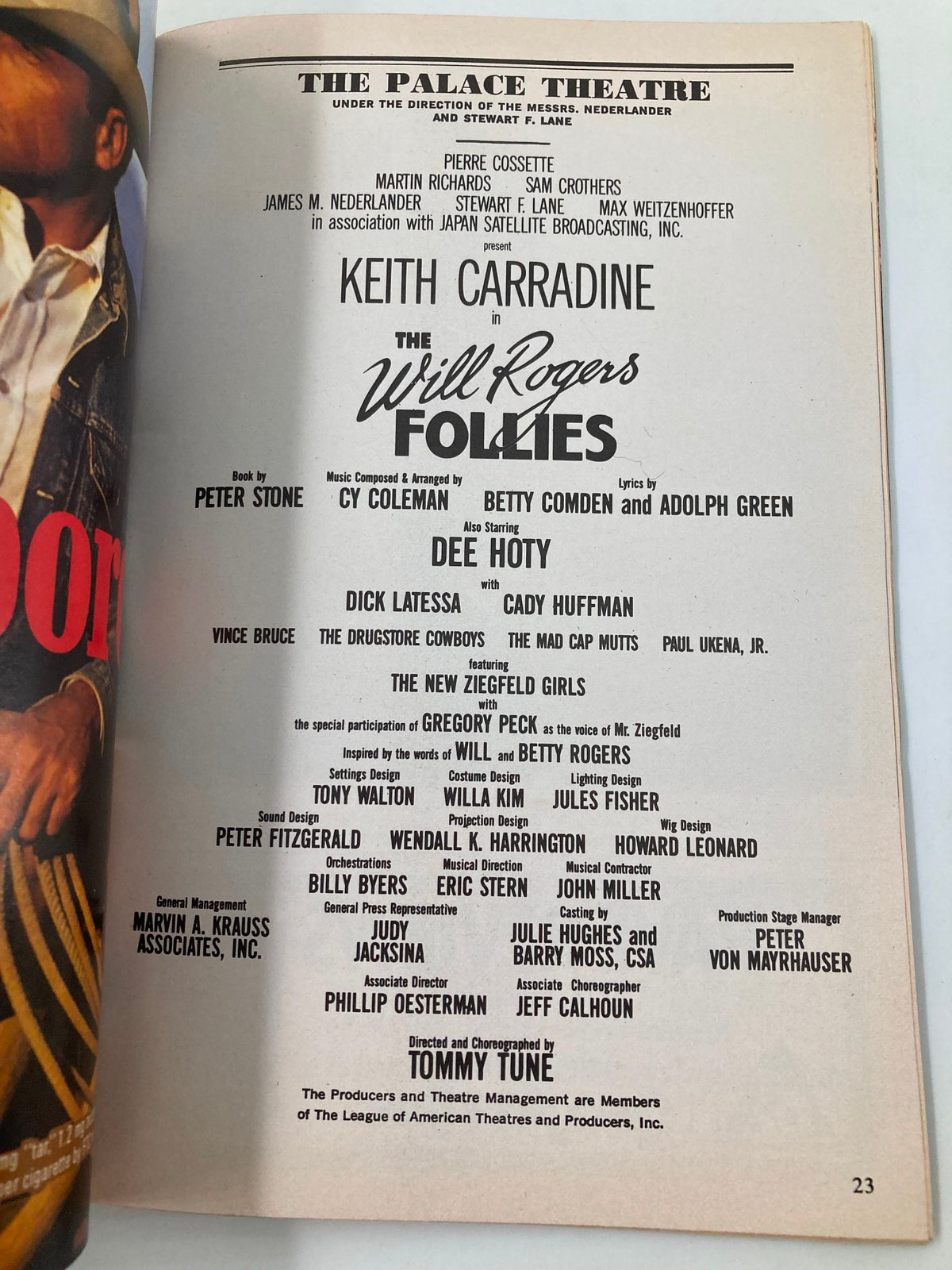 Page featuring cast and creative team credits for The Will Rogers Follies, starring Keith Carradine in the 1991 Playbill.