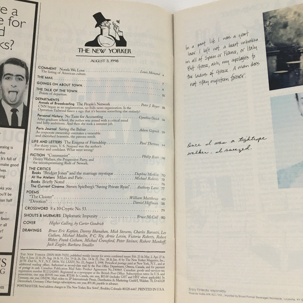 Inside page of The New Yorker August 3 1998 Full Magazine featuring the table of contents and editorial notes, showcasing the cover art by Carter Goodrich, highlighting sections such as 'The Talk of the Town' and various articles, a collectible vintage item.