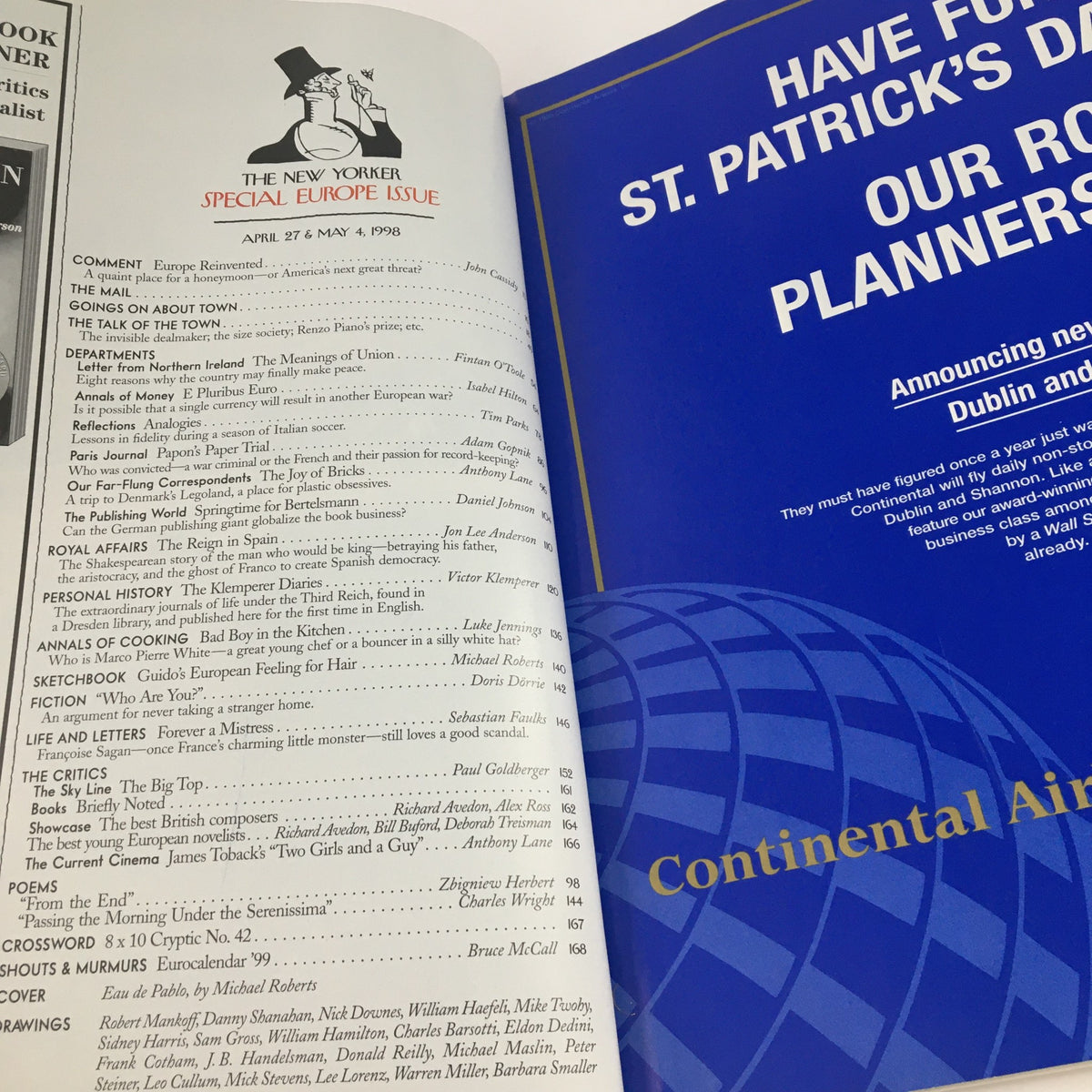Inside view of The New Yorker April 27 1998 Full Magazine, displaying the table of contents page with articles and features, emphasizing its status as a special Europe issue.