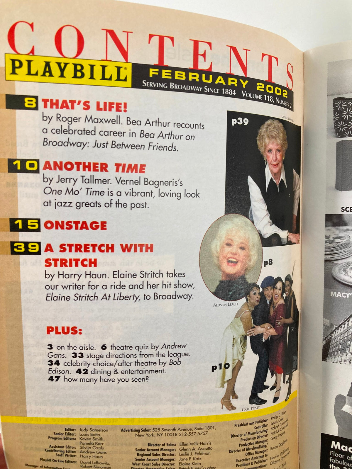 Contents page from the February 2002 Playbill, showcasing articles and features related to theater.
