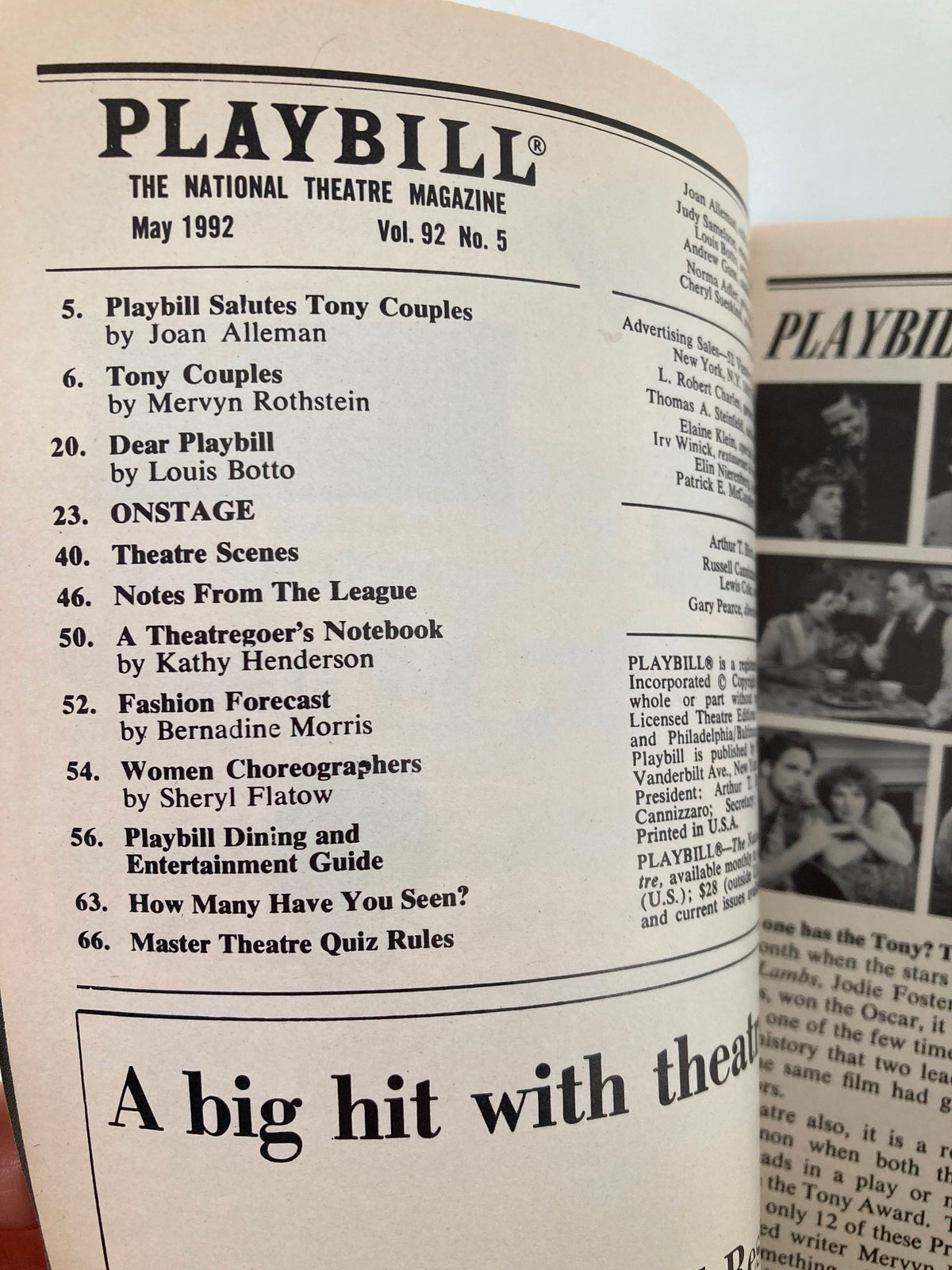 Inside page of the 1992 Playbill Lunt-Fontanne Theatre detailing features of the May 1992 issue, including various theater highlights and advertisements.