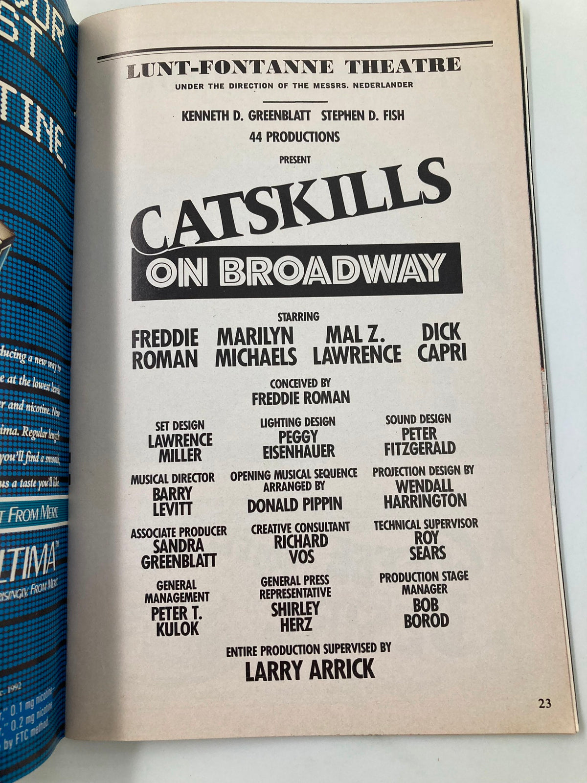 1992 Playbill from Lunt-Fontanne Theatre featuring 'Catskills on Broadway' starring Marilyn Michaels, a collectible piece of Broadway history that showcases the vibrant Catskills comedy scene.