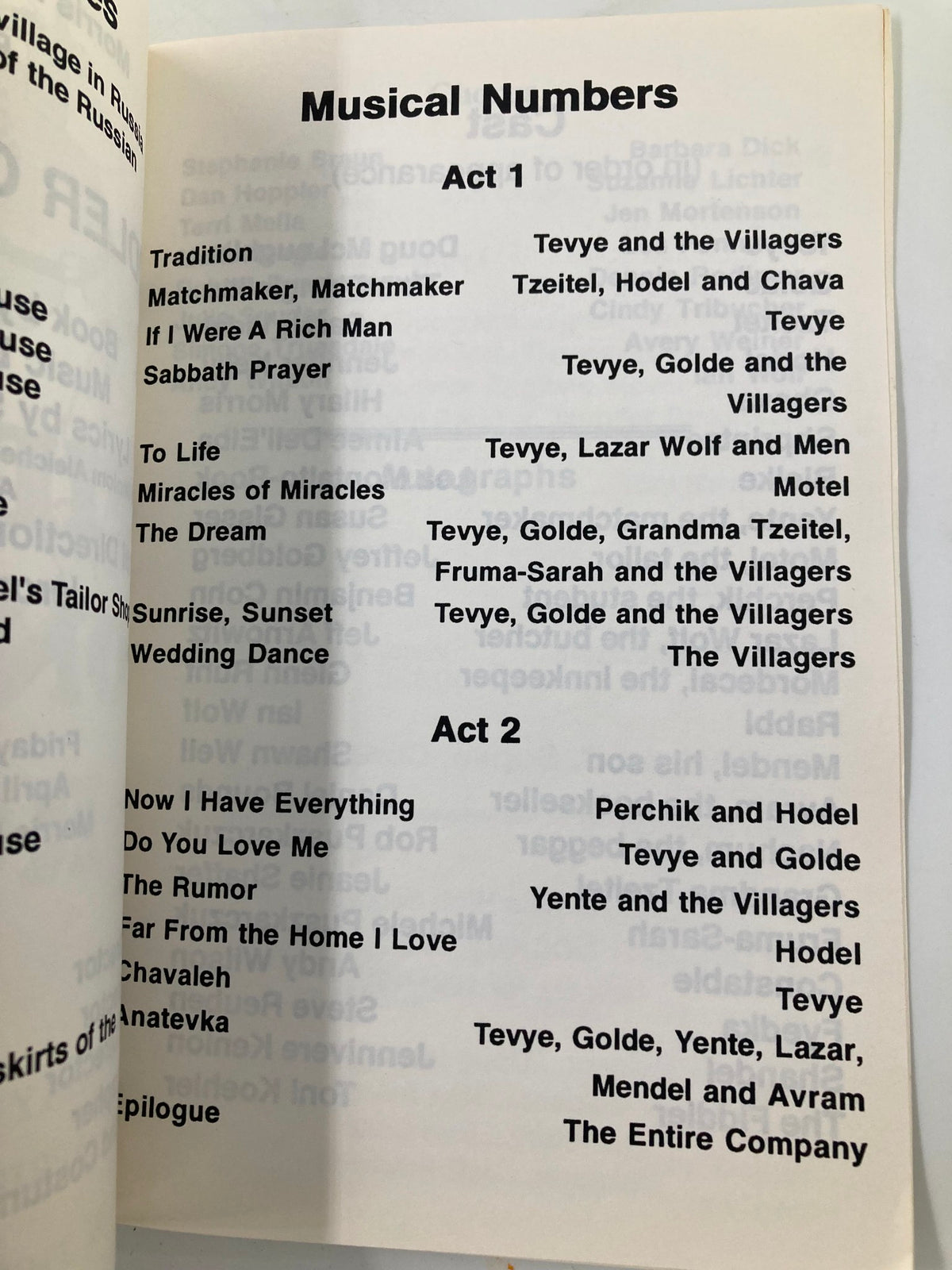 Musical numbers list from the 1992 Morris Hills High School Fiddler On The Roof program, detailing songs featured in the production.