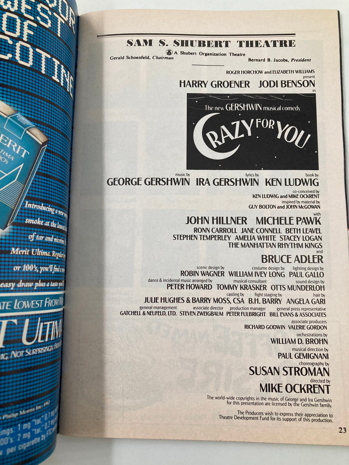 1992 Playbill for Crazy For You at Sam S. Shubert Theatre, detailing the cast and crew of the production.