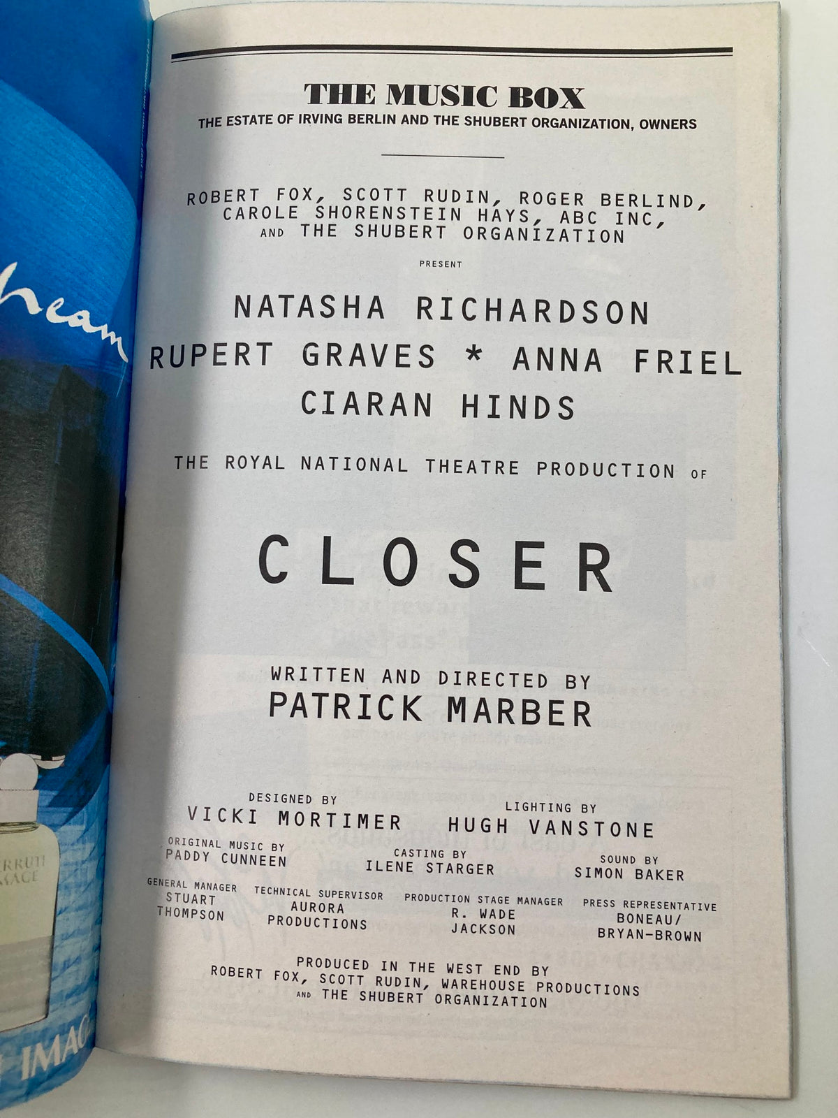 1999 Playbill The Music Box Closer displaying the cast listing for the production, including Natasha Richardson, Rupert Graves, and Anna Friel, presented in the Royal National Theatre format.