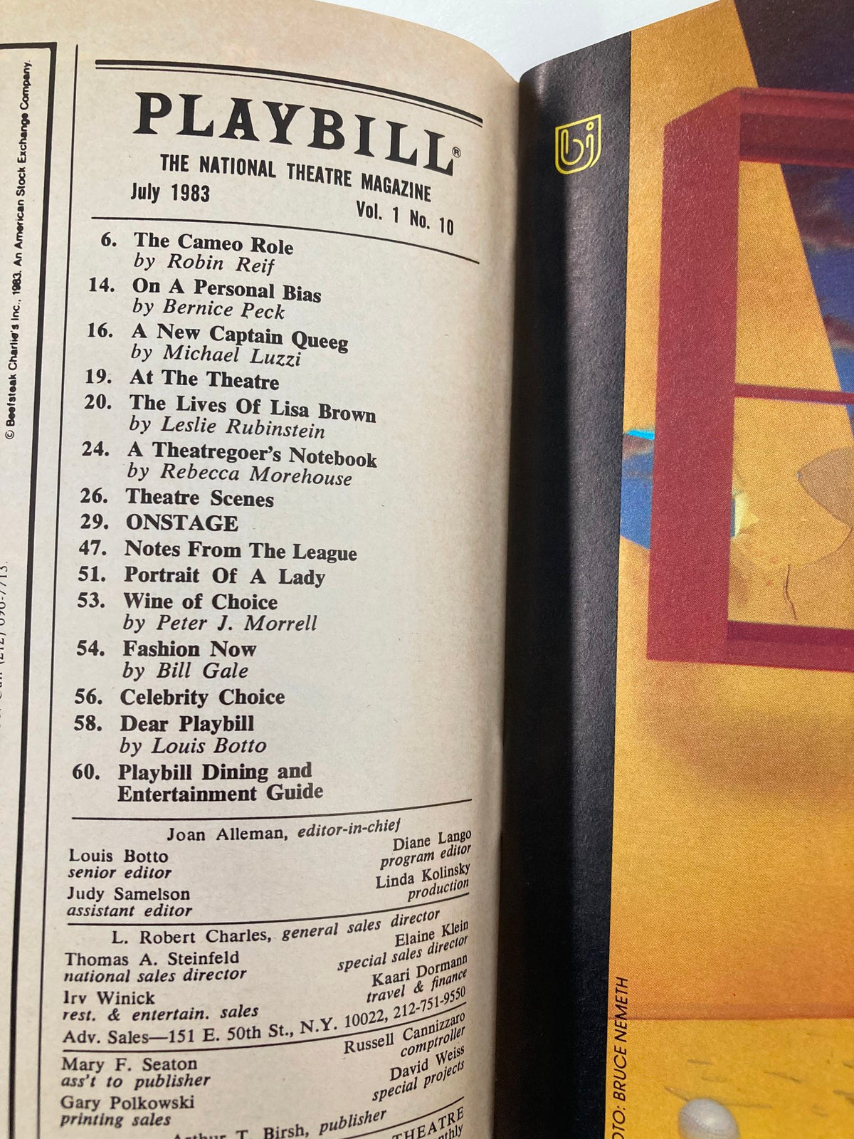 Inside page of the July 1983 Playbill showcasing articles and sections from the National Theatre Magazine, including a list of contents.