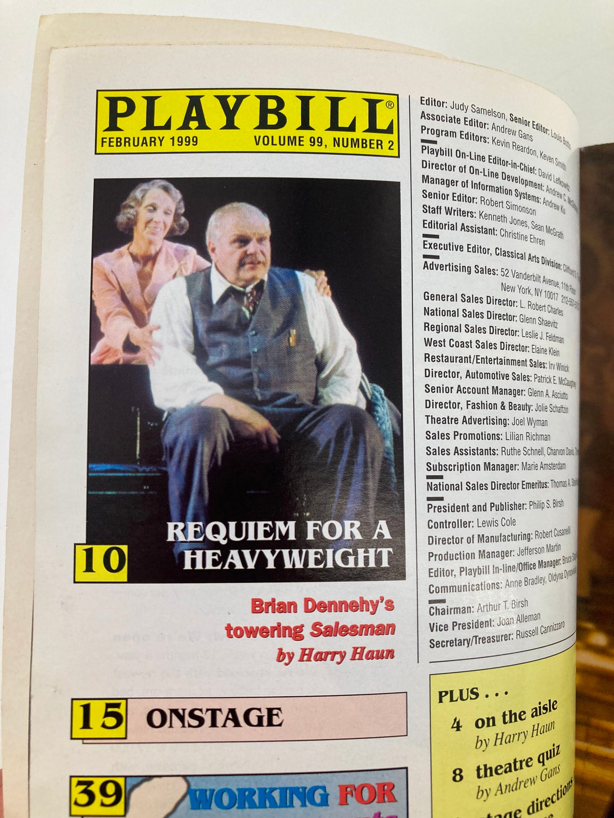 Inside view of the February 1999 Playbill showcasing an article on the production 'Requiem for a Heavyweight' with actor Brian Dennehy.