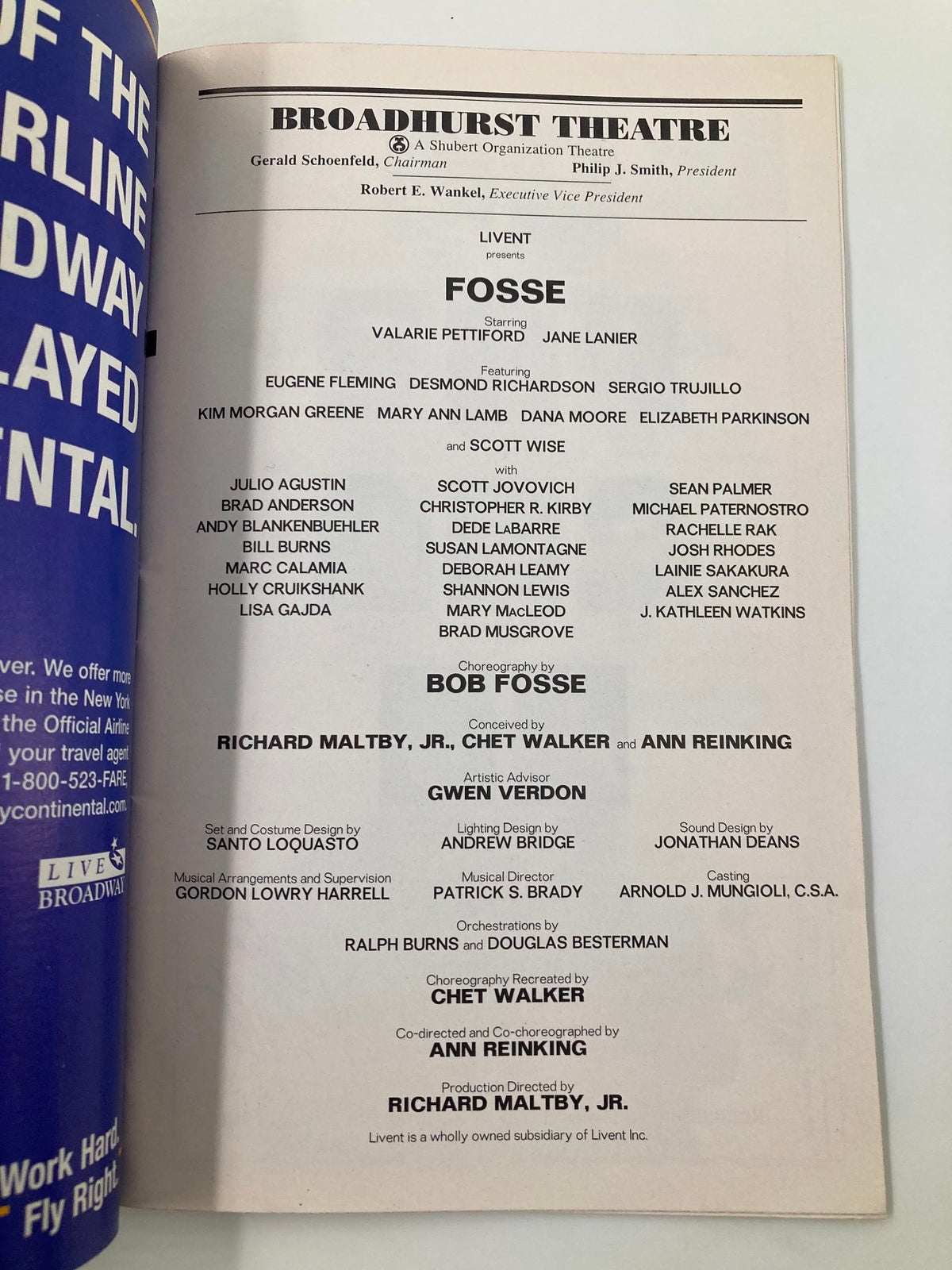 1999 Playbill from Broadhurst Theatre featuring the musical Fosse, highlighting performances by Valarie Pettiford and Jane Lanier, showcasing rich colors and design