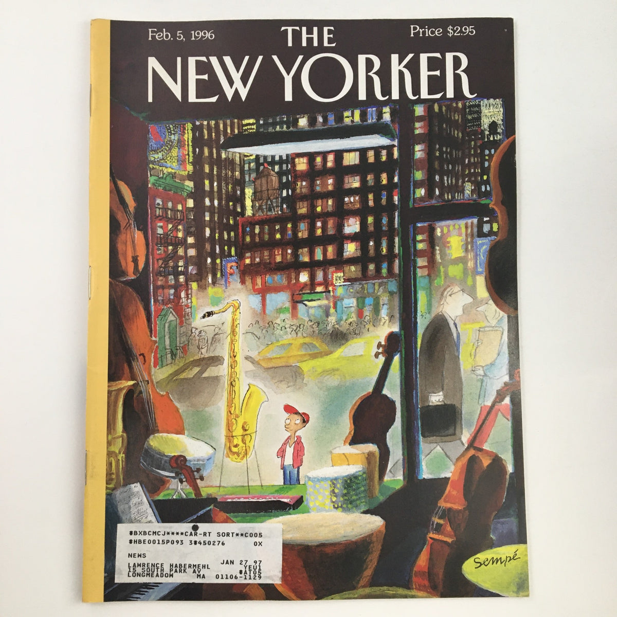 Cover of The New Yorker magazine dated February 5, 1996, featuring artwork by Jean-Jacques Sempé, depicting a vibrant city scene with a young boy, saxophone, and musical instruments.