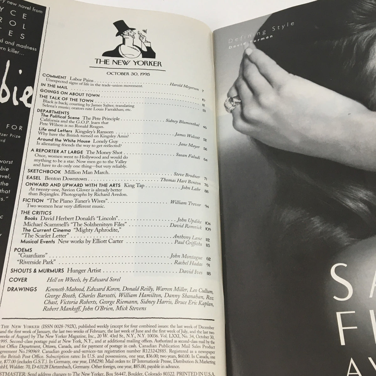 The New Yorker October 30 1995 Full magazine interior page featuring the table of contents, listing articles and contributors, with vintage design elements from the era, reflecting the publication's style and historical significance.
