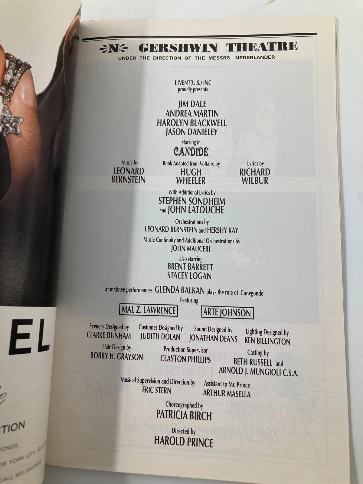 1997 Playbill Gershwin Theatre cast page for 'Candid' starring Jim Dale and Andrea Martin.