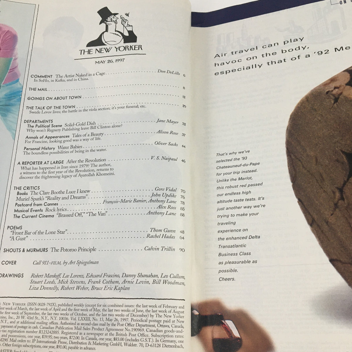 Interior page spread from The New Yorker magazine May 26, 1997, displaying the table of contents and various articles reflecting the cultural insight of the late 90s.