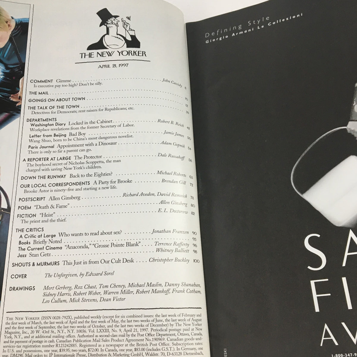 Interior page of The New Yorker April 21 1997, showcasing the magazine's table of contents, including articles and contributions, reflecting its literary and cultural significance.