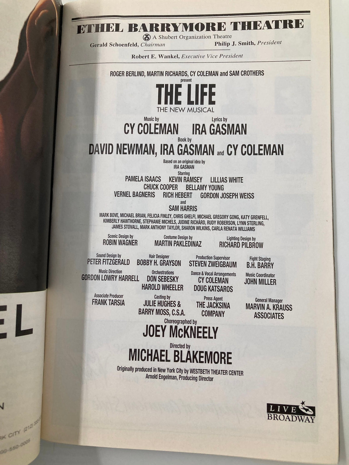 1997 Playbill for "The Life" the New Musical at Ethel Barrymore Theatre, featuring cast details and creative team information, showcasing Broadway memorabilia.