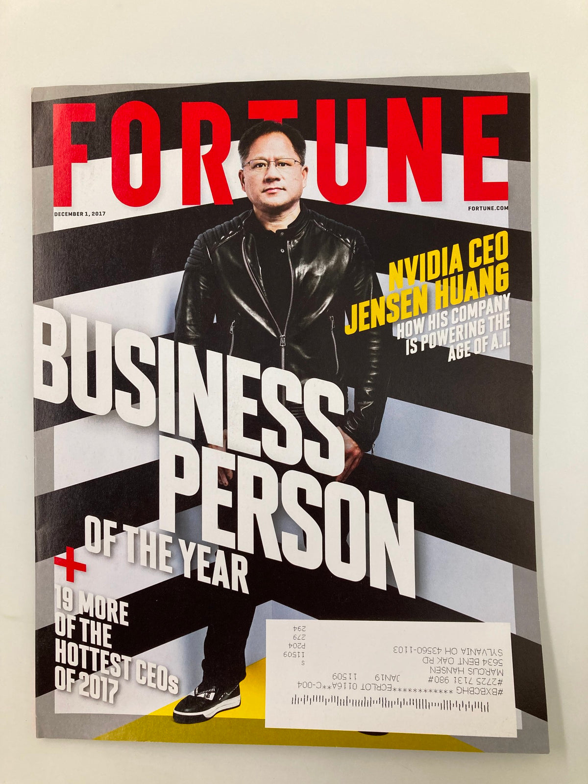 Fortune Magazine cover from December 1, 2017, featuring NVIDIA CEO Jensen Huang, recognized as Business Person of the Year, highlighting his company's influence in the tech industry.