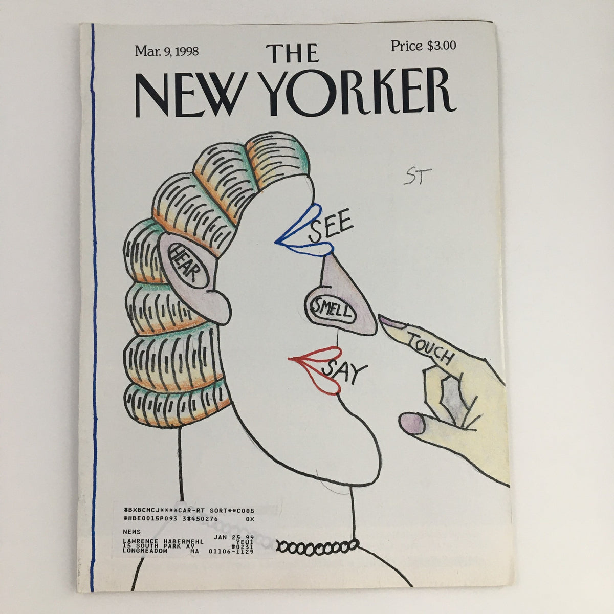 The New Yorker March 9 1998 Full Magazine Theme Cover Art by Saul Steinberg featuring colorful illustrations depicting facial features labeled with senses like see, smell, hear, say, and touch.