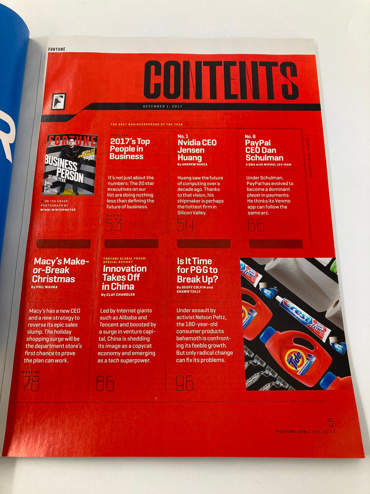 Contents page of Fortune Magazine December 1, 2017, showcasing features including an article on NVIDIA CEO Jensen Huang and the top business trends of the year.