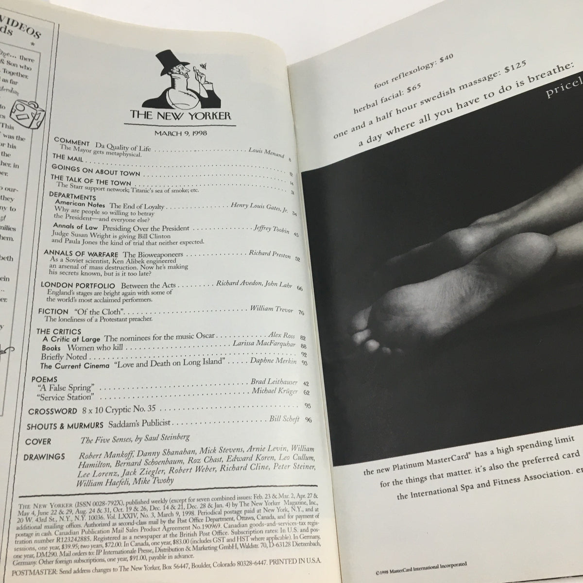Interior view of The New Yorker magazine from March 9, 1998, showcasing the table of contents and advertisements. The cover art, created by Saul Steinberg, is iconic, reflecting the vintage charm of late 90s culture.