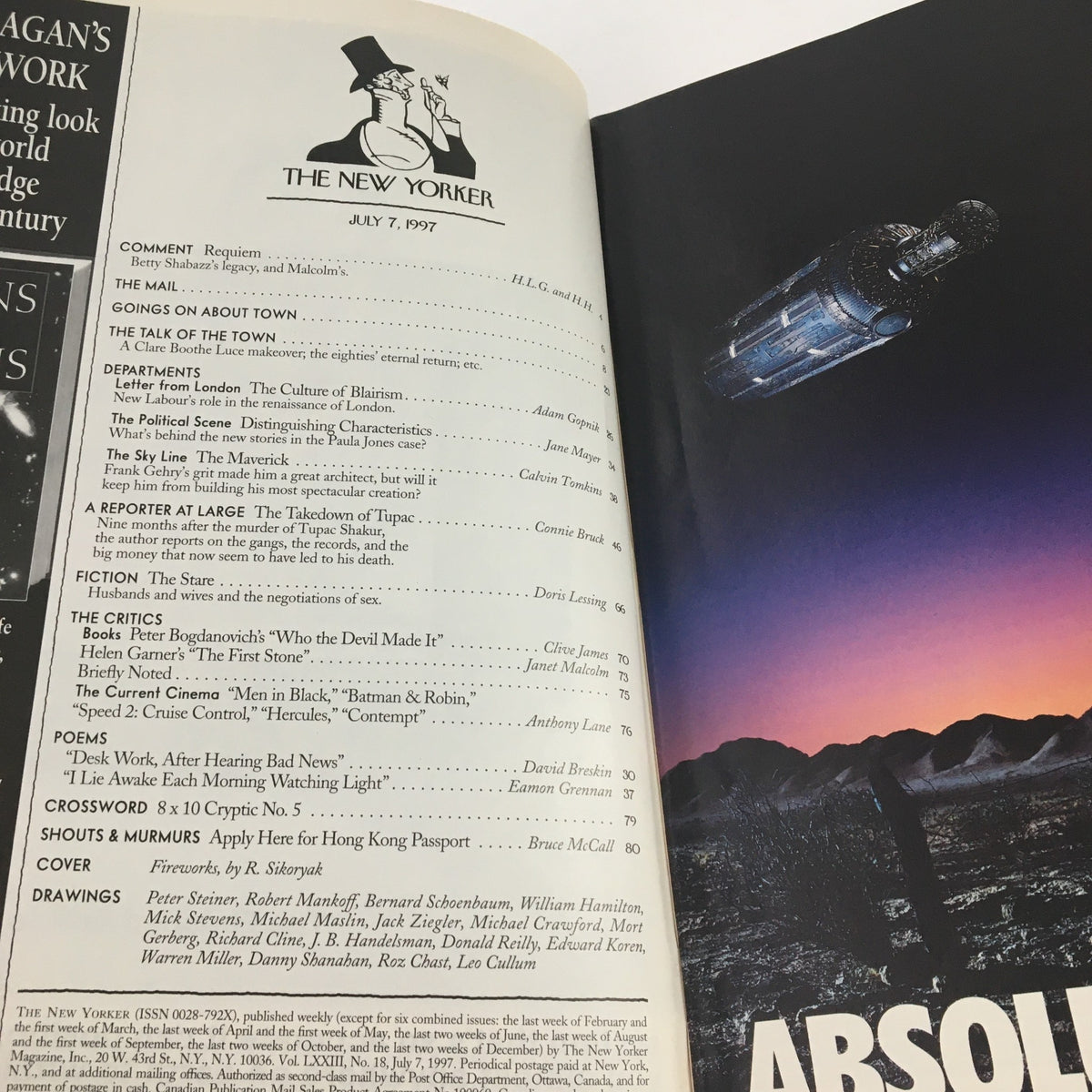 Inside spread of The New Yorker July 7, 1997 Full Magazine, featuring the table of contents and section titles, showcasing the publication's literary and artistic content.