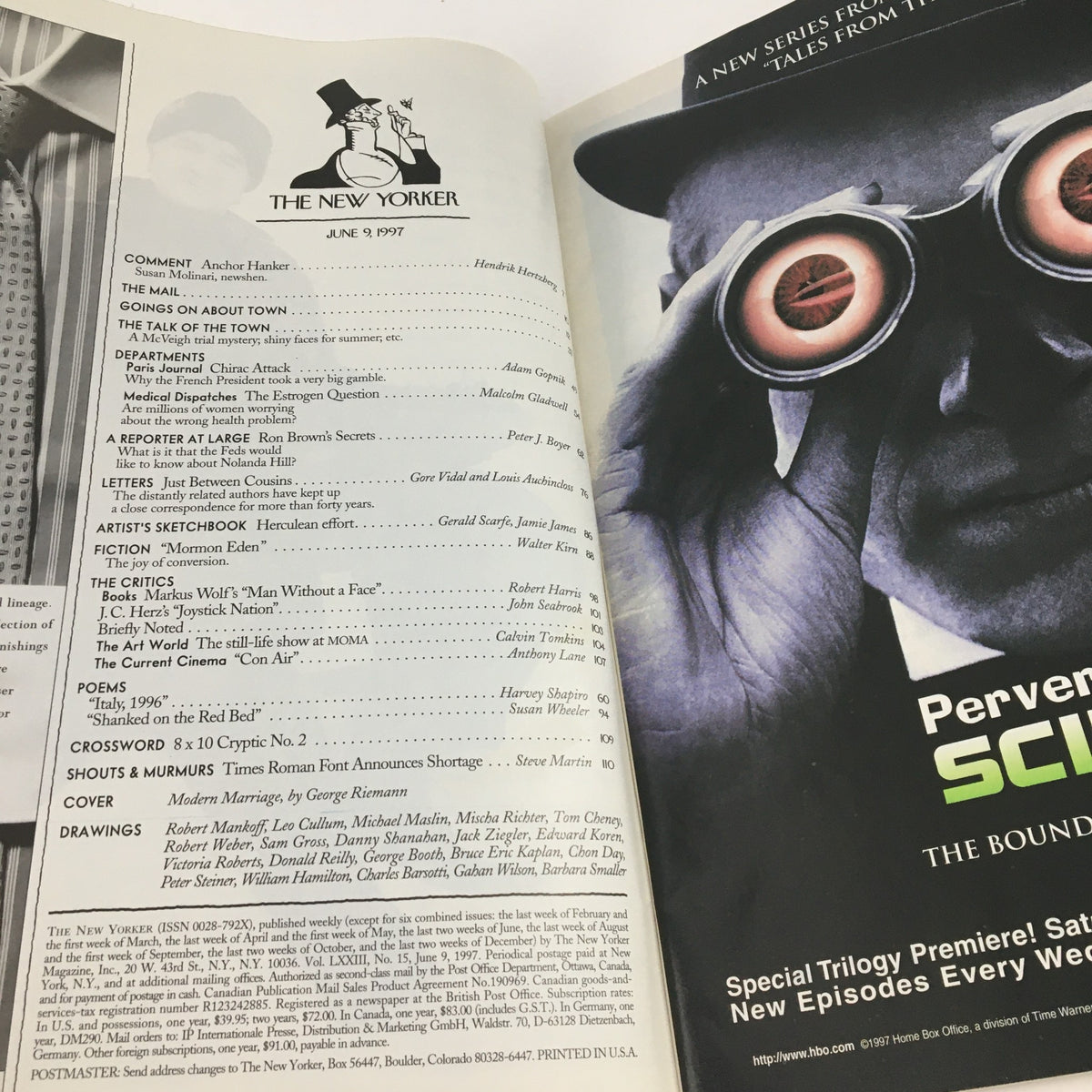 Interior page of The New Yorker June 9 1997 showcasing the table of contents and a striking advertisement with a man wearing binoculars.