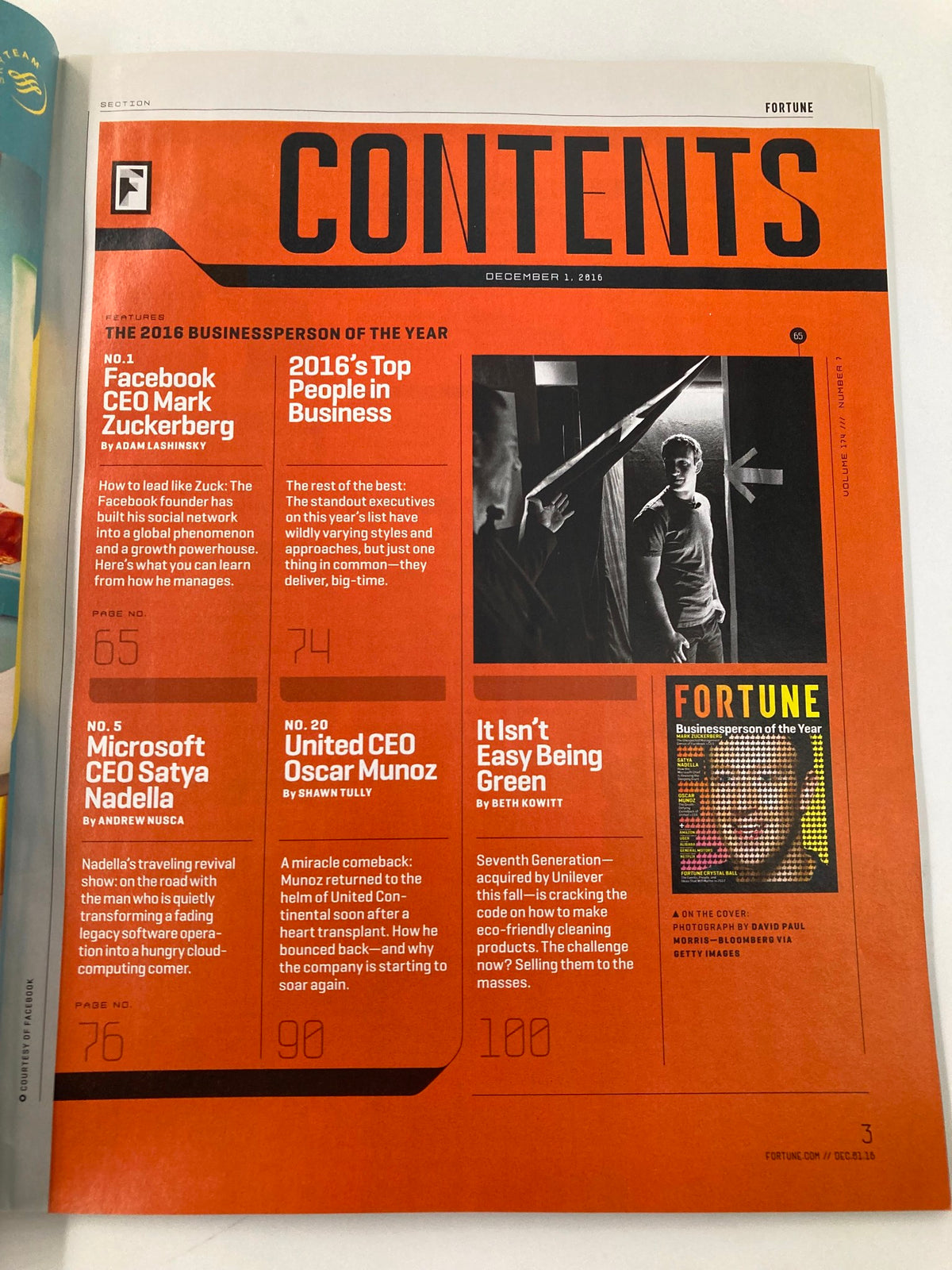 Contents page of Fortune Magazine December 1 2016, showcasing key articles including Facebook CEO Mark Zuckerberg as the 2016 Businessperson of the Year and profiles of other influential leaders.
