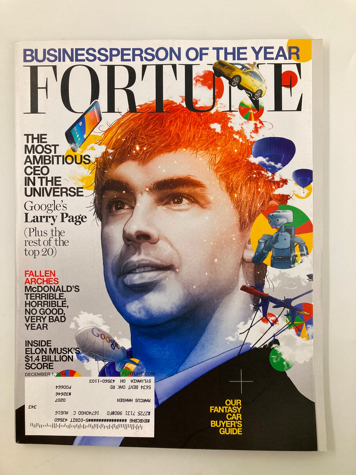 Fortune Magazine cover featuring Larry Page, Google's Ambitious CEO, from December 1, 2014. The cover art highlights his recognition as Businessperson of the Year and showcases vibrant illustrations related to technology and innovation.