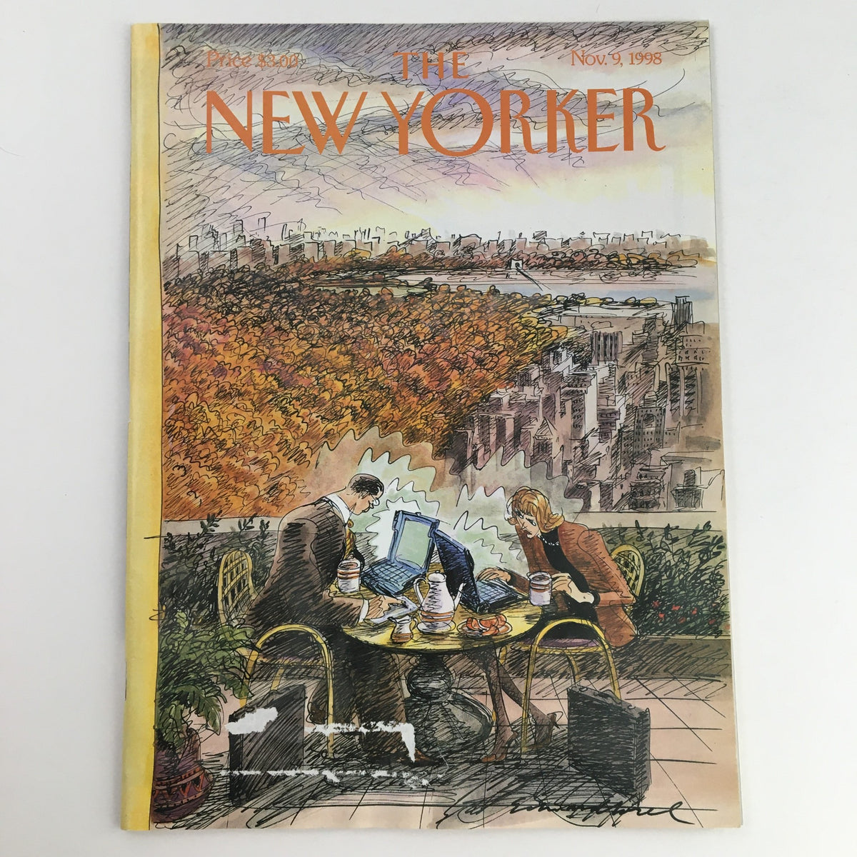 Cover art of The New Yorker magazine from November 9, 1998, featuring an illustration by Edward Sorel, showcasing two individuals at a café table with laptops against a backdrop of autumn foliage and city skyline.