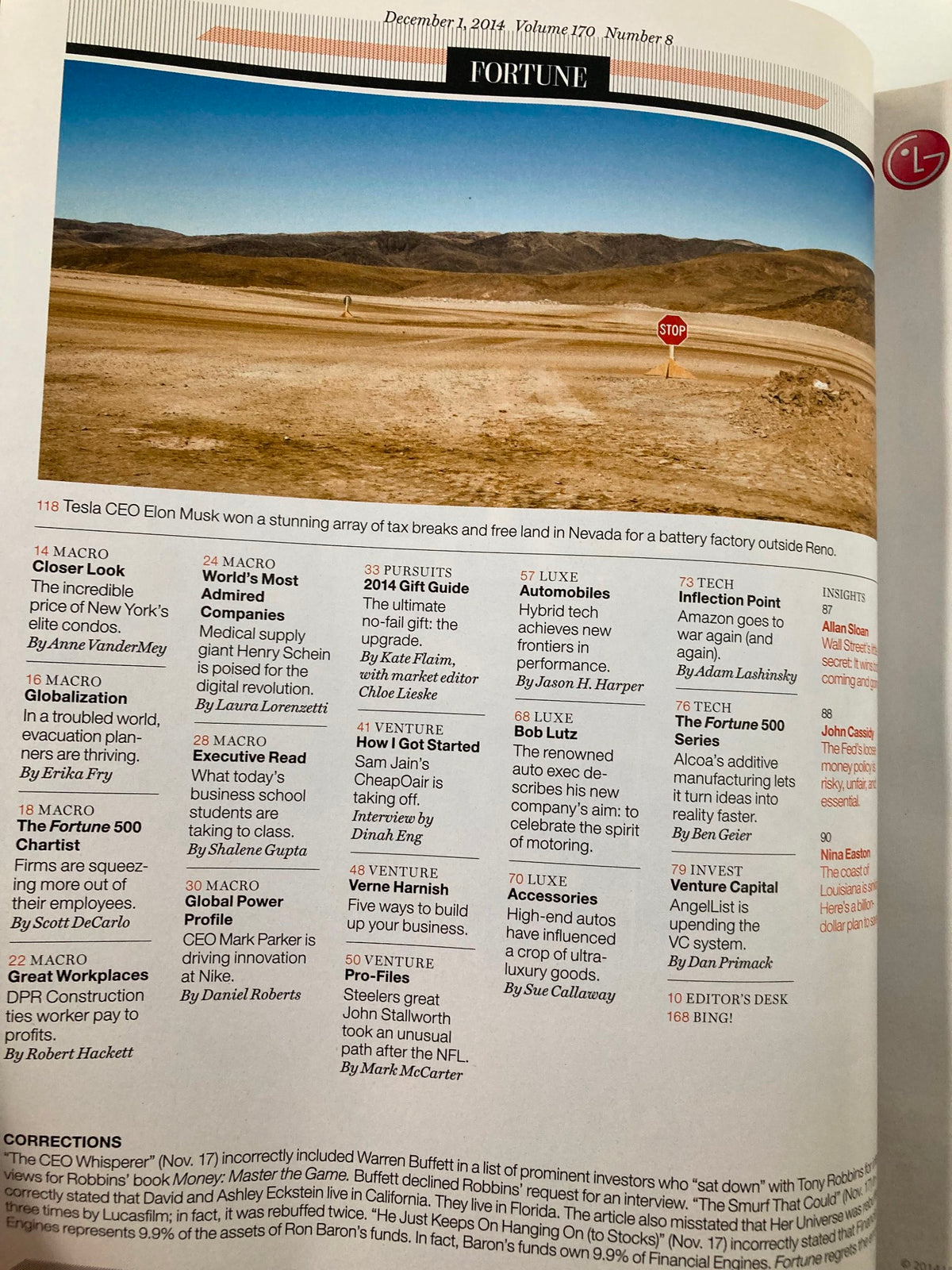 Page from Fortune Magazine December 1, 2014 featuring the table of contents and highlighted articles on technology and leadership, including a focus on Larry Page, Google's ambitious CEO.