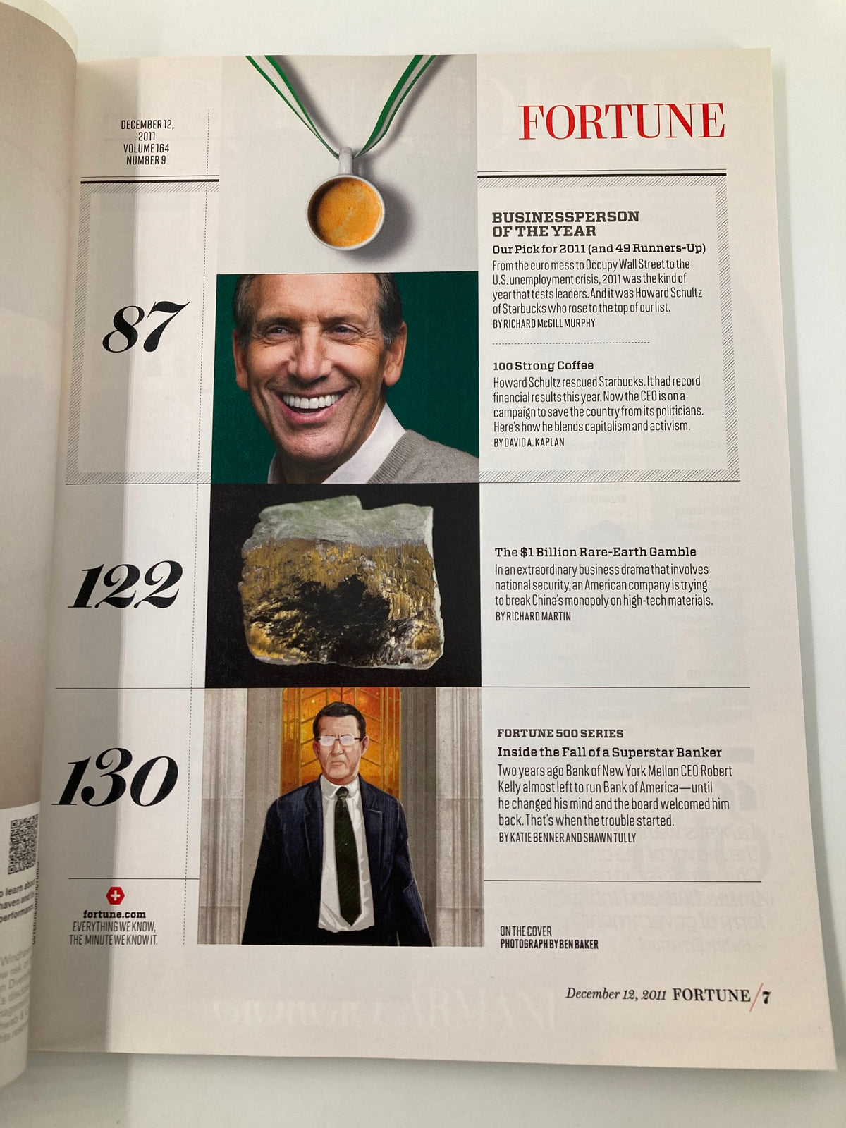 Inside page of Fortune Magazine December 12 2011 Edition, showcasing Howard Schultz as the Business Person of the Year, alongside articles on business ventures and notable figures like Jeff Bezos and Tim Cook.
