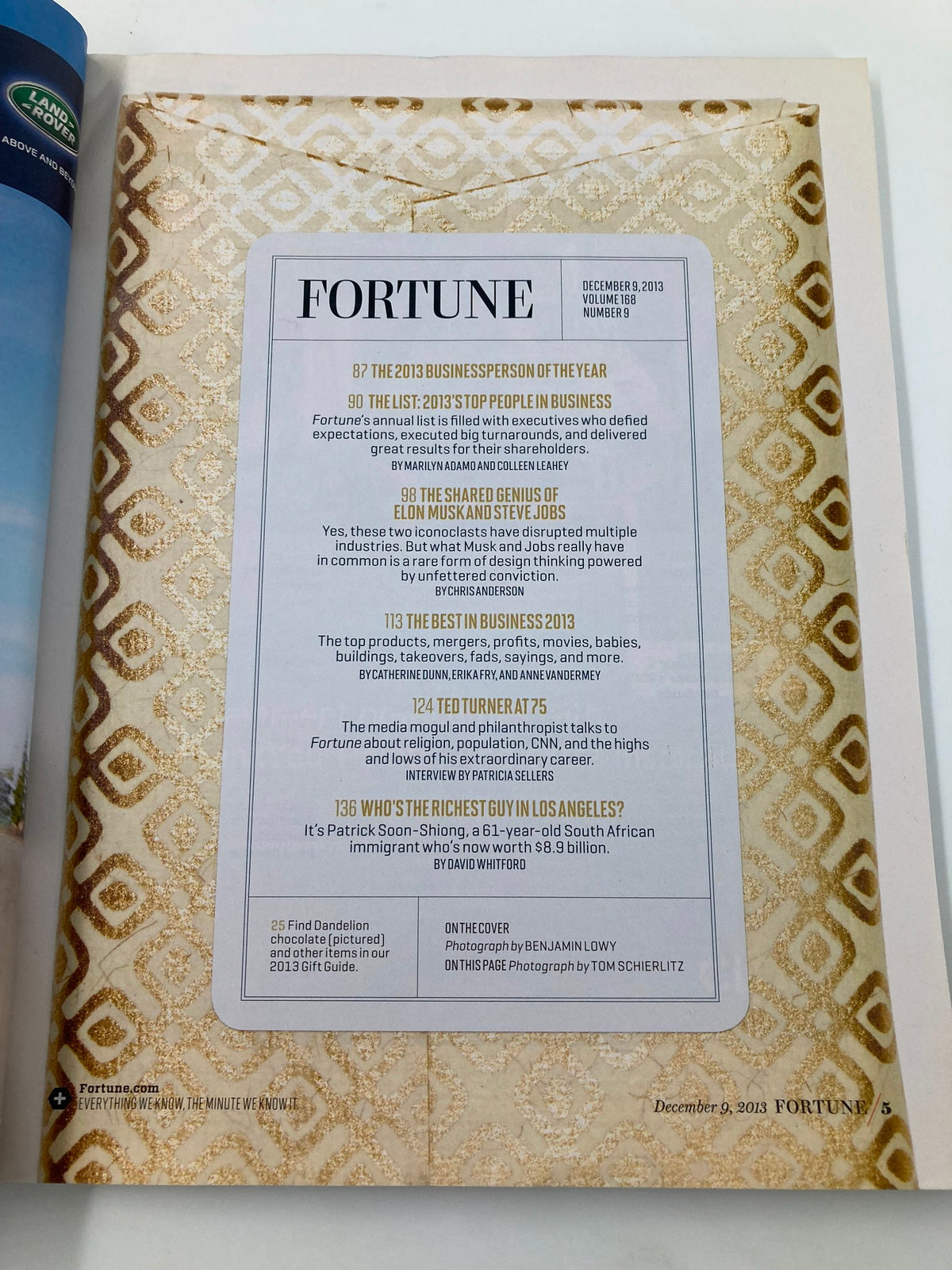 Table of contents page from Fortune Magazine December 9 2013, showcasing articles and features including Elon Musk and significant business insights.