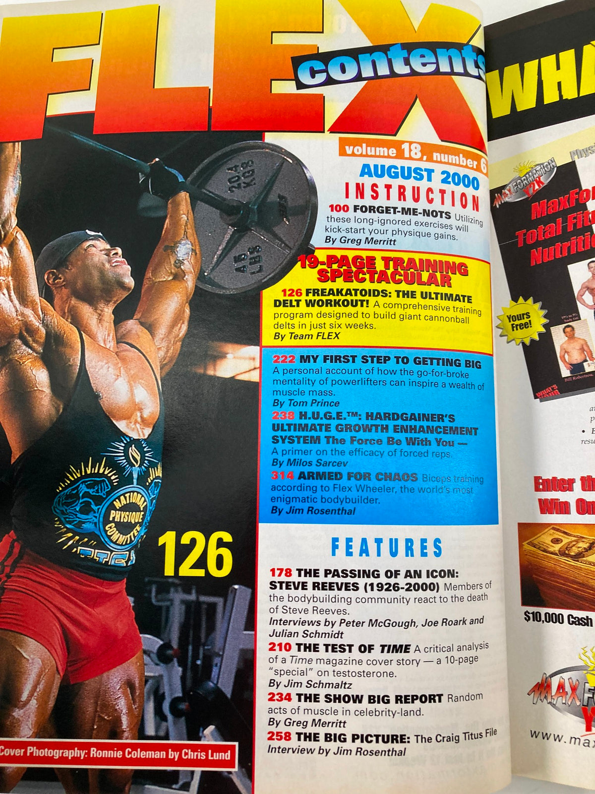Inside content page of Joe Weider's Flex Magazine August 2000 showcasing articles including a special on the ultimate delt workout and tribute to Steve Reeves, emphasizing fitness and bodybuilding culture.