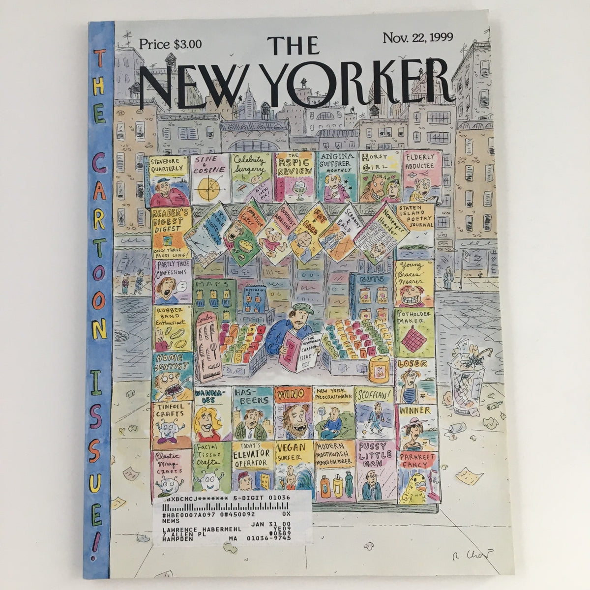 Cover of The New Yorker November 22, 1999 issue, themed 'The Cartoon Issue', featuring whimsical cover art by Roz Chast, showcasing a bustling scene with a cartoonist's stand filled with magazines.