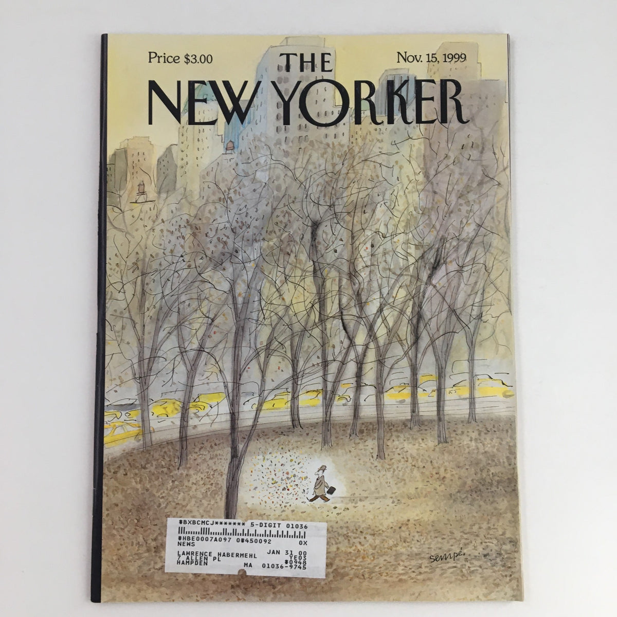 The New Yorker November 15, 1999 magazine cover illustrated by Jean-Jacques Sempé, featuring autumn trees and a figure walking in a park.