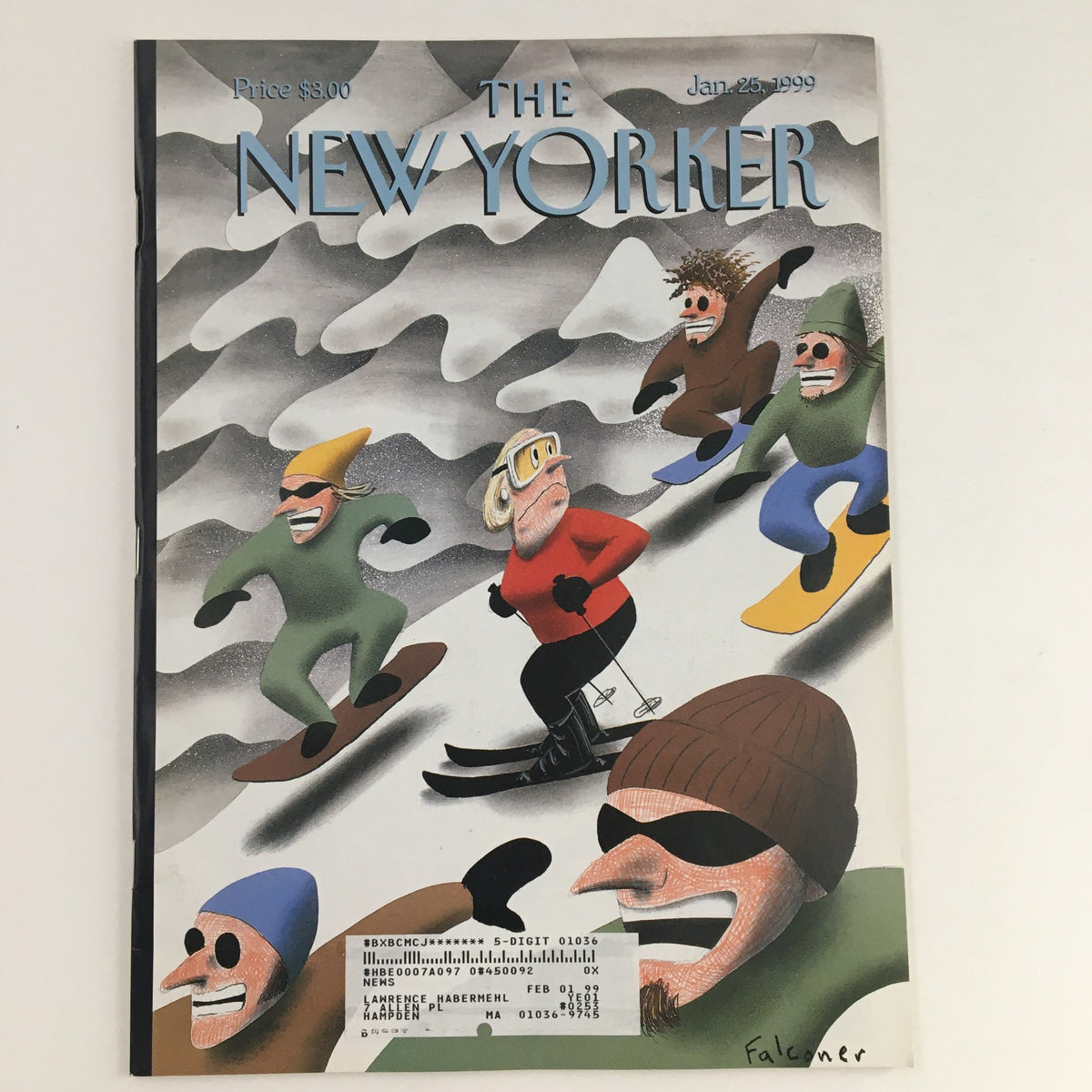Cover art of The New Yorker January 25, 1999 magazine featuring colorful illustrations by Ian Falconer with skiers and snowboarders in action.