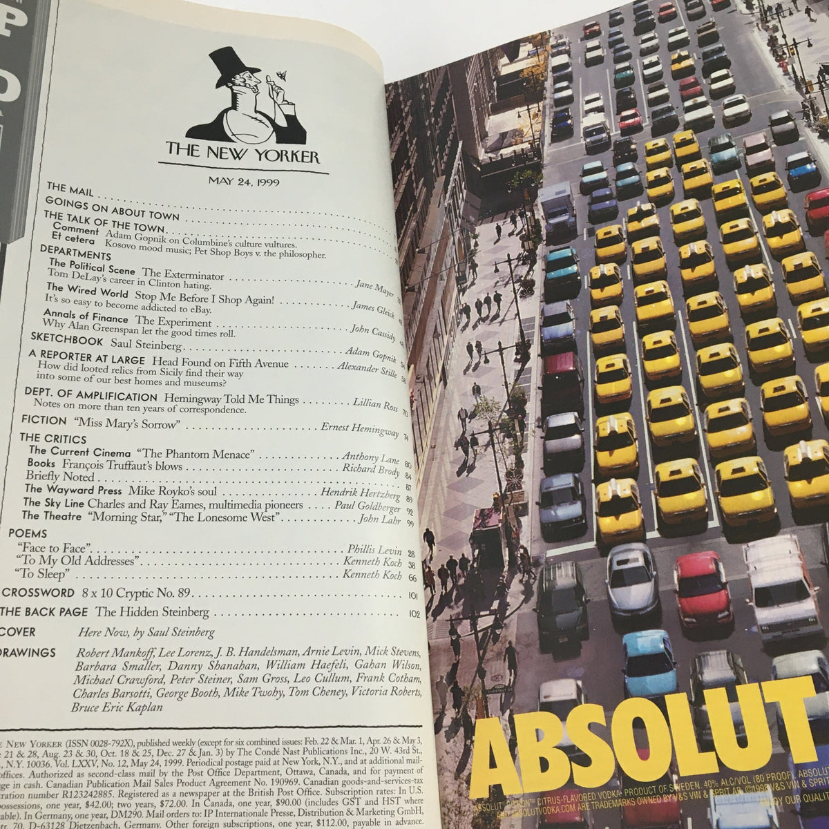 Inside spread of The New Yorker magazine from May 24, 1999, showcasing the table of contents pages with an aerial view of yellow taxis and related articles.