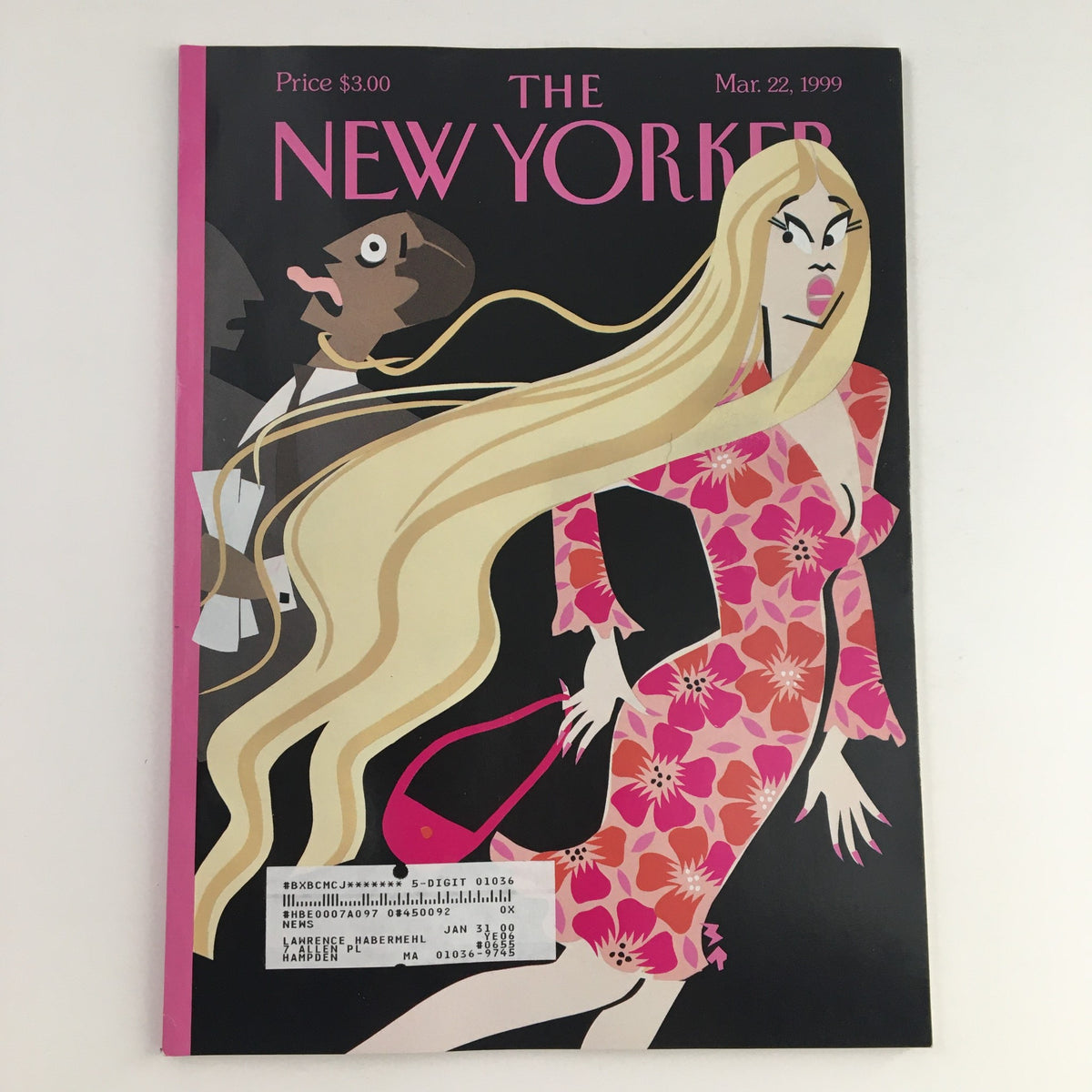 Cover of The New Yorker magazine from March 22, 1999, featuring striking cover art by Michael Roberts, showcasing a stylized illustration of a glamorous woman in a pink floral dress with flowing blonde hair, and a man in the background.